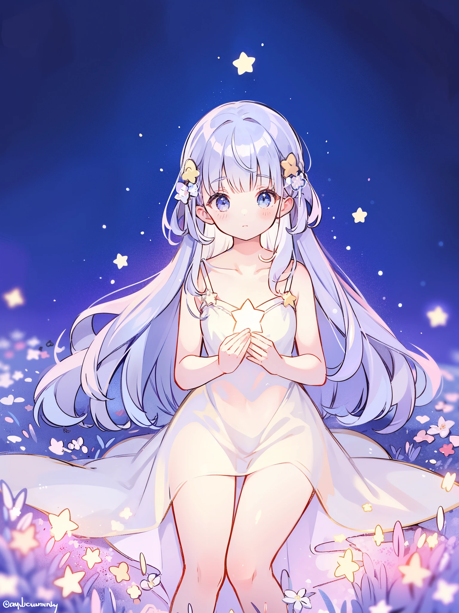 wishing stars, girl wearing an ethereal translucent dress made of stars, magical, fantasy, whimsical, complex drawing, highly detailed, ethereal, starry night, midjourney style