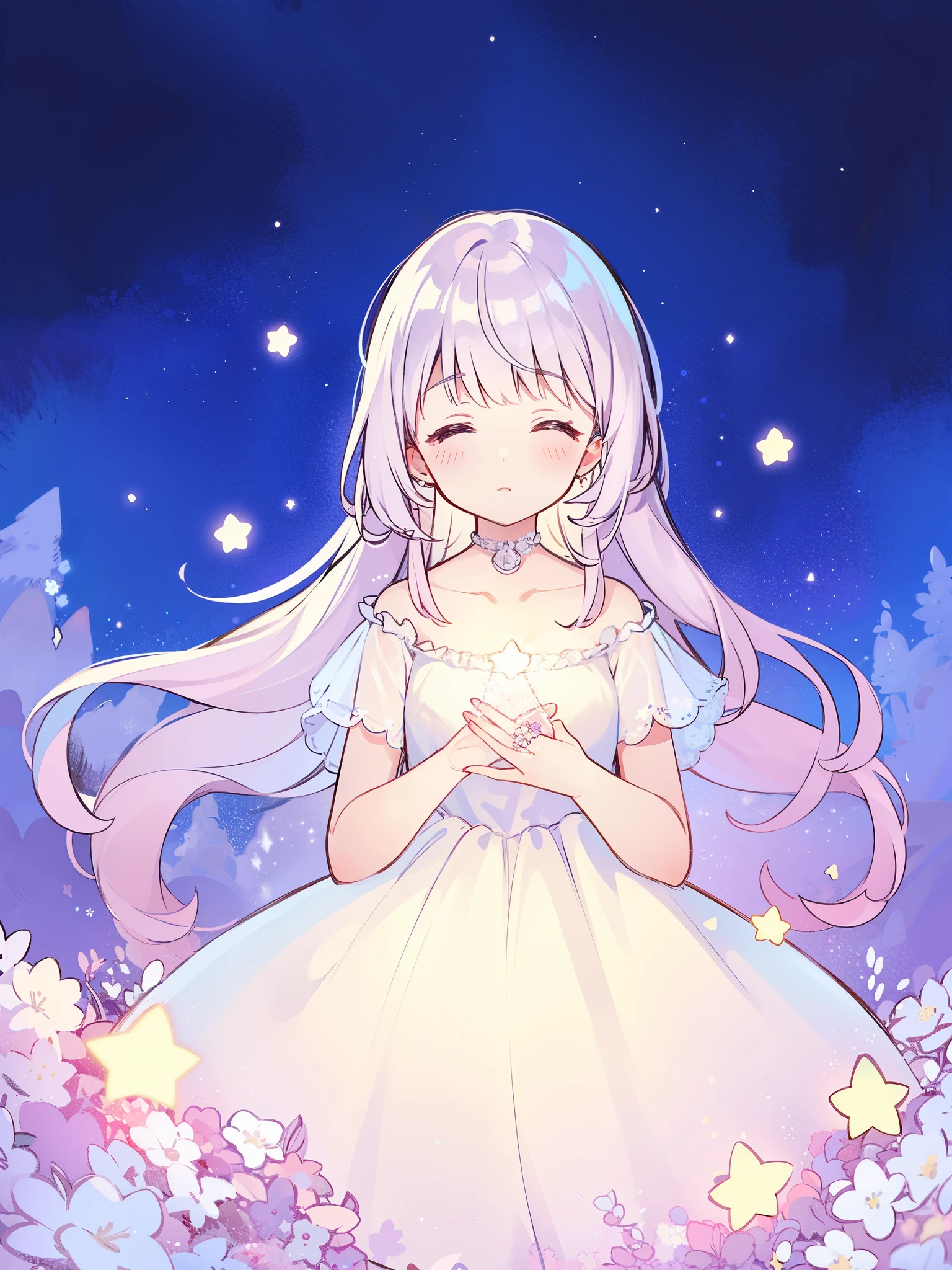 wishing stars, girl wearing an ethereal translucent dress made of stars, magical, fantasy, whimsical, complex drawing, highly detailed, ethereal, starry night, midjourney style