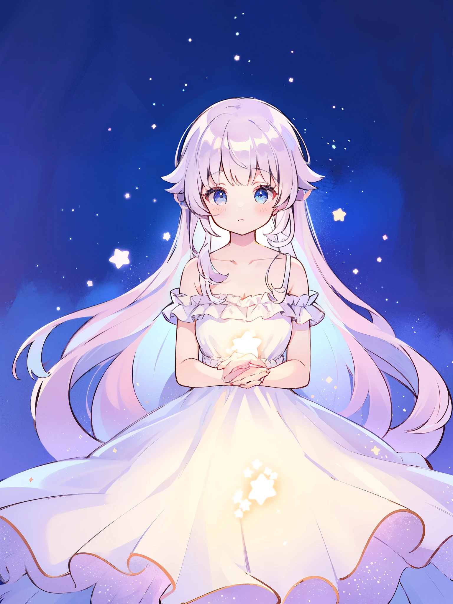 wishing stars, girl wearing an ethereal translucent dress made of stars, magical, fantasy, whimsical, complex drawing, highly detailed, ethereal, starry night, midjourney style