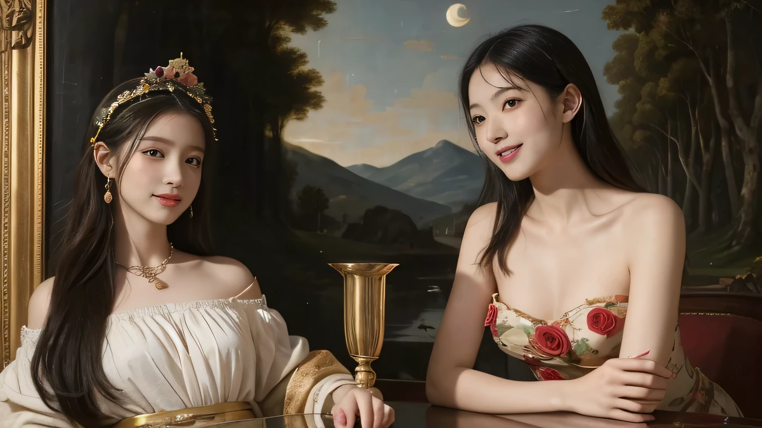 Giorgione painting style,Arguments of two female Philosophe,math、astronomical machine、astronaut、roses in vase、fruits、Cute trinkets、smile、ancient greek costume、Background is a forest lake at night 、Clothes that stretch your shoulders、A big smile、beautiful bare skin、A detailed representation of the seducing woman throughout her body.