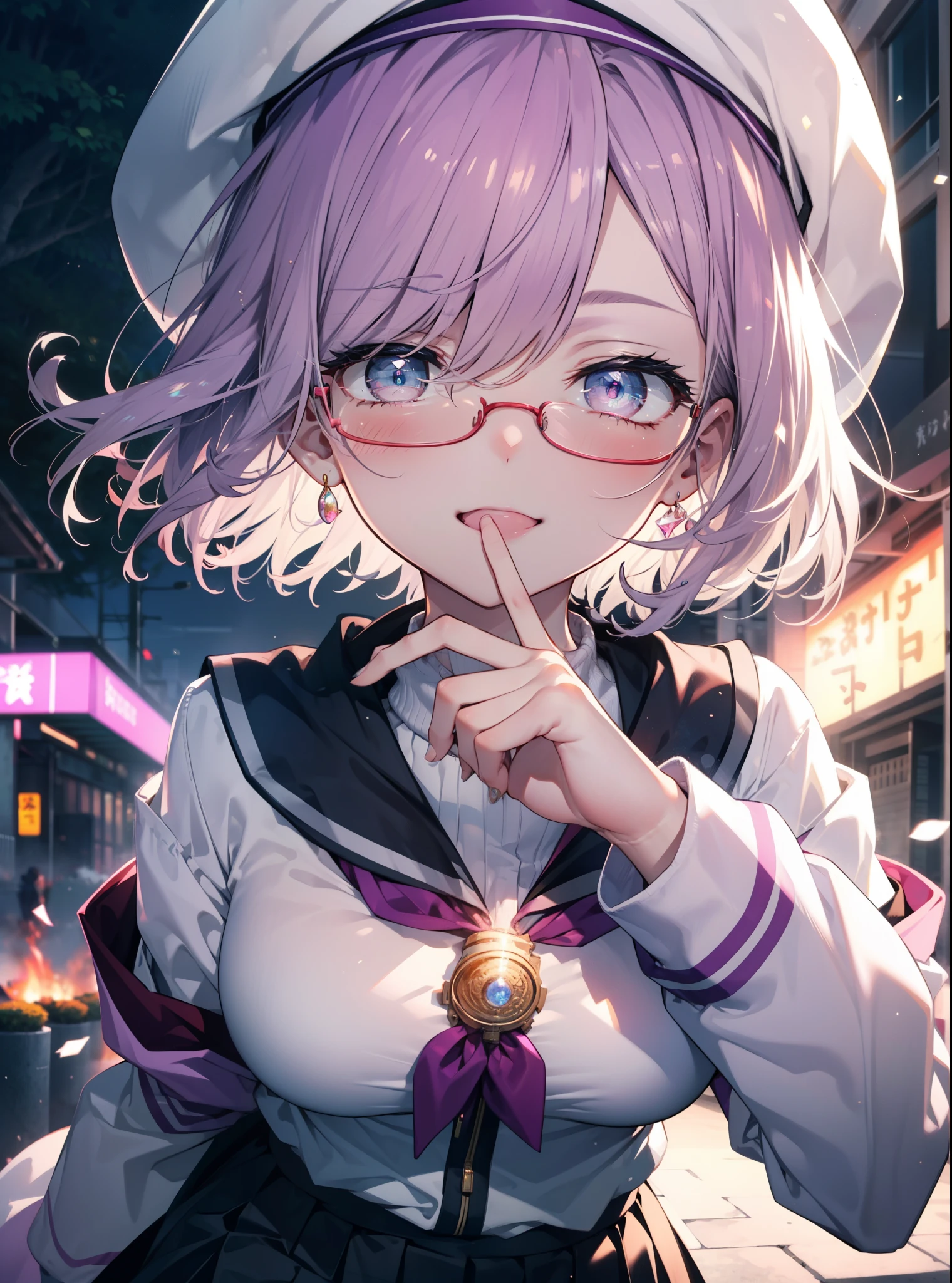 akaneshinjou, shinjou akane, Light purple hair, (Pink Eyes:1.2), short hair,Akagi glasses,hair band,Rocket Pendant,White Breath,Big Breasts,Purple Coat,White Sweater,happy smile, smile, Open your mouth,Black long skirt,Red muffler,Knitted hat,put one&#39;s hands in one&#39;s coat pockets,Daytime,cloudy,snow,snowが降り積もっている,whole bodyがイラストに入るように,Looking down from above,
 break looking at viewer,whole body,               　　　　　　　 break outdoors 森, nature, 　　　　　　　　　　　break (masterpiece:1.2), highest quality, High resolution, unity 8k wallpaper, (shape:0.8), (Beautiful and beautiful eyes:1.6), Highly detailed face, Perfect lighting, Highly detailed CG, (Perfect hands, Perfect Anatomy),