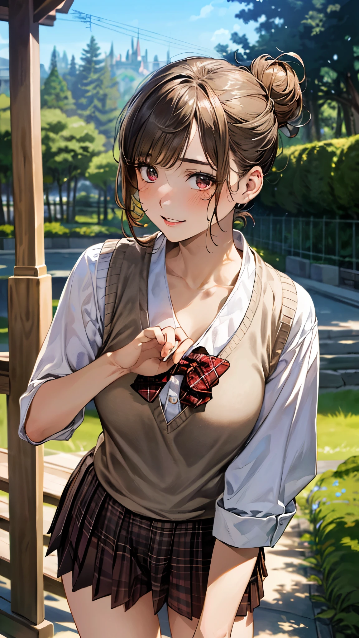 (masterpiece:1.3, top-quality, ultra high res, ultra detailed), (realistic, photorealistic:1.4), beautiful illustration, perfect lighting, natural lighting, colorful, depth of fields, ,
beautiful detailed hair, beautiful detailed face, beautiful detailed eyes, beautiful clavicle, beautiful body, beautiful chest, beautiful thigh, beautiful legs, beautiful fingers, shiny skin, babyface,
looking at viewer, (face focus), 1 girl, japanese, high school girl, (perfect anatomy, anatomically correct, super detailed skin), cute and symmetrical face, perfect face, perfect eyes,
(short hair, single hair bun, (long sideburns), light brown hair), blunt bangs, dark breen eyes, drooping eyes, long eyelashes, (medium breasts, seductive thighs), slender, outstanding style, ,
(detailed cloth texture), break, ((light brown knit vest)), break, (red plaid bowtie), break, (white collared shirt, navy pleated skirt), break,
(beautiful scenery), summer, evening, (disneyland, sky, forest), standing, leaning forward, hand on chest, (lovely smile, parted lips),