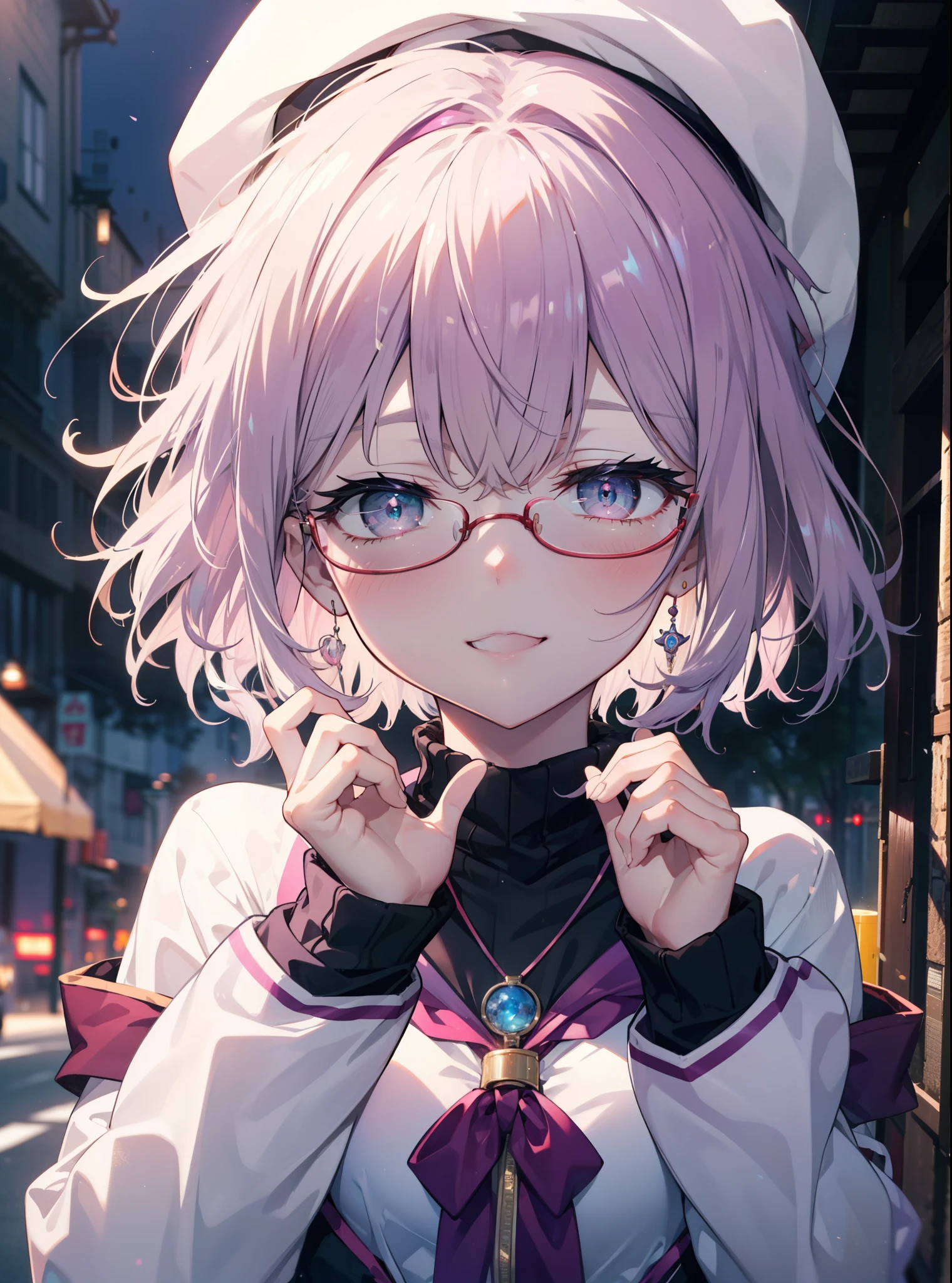 akaneshinjou, shinjou akane, Light purple hair, (Pink Eyes:1.2), short hair,Akagi glasses,hair band,Rocket Pendant,White Breath,Big Breasts,Purple Coat,White Sweater,happy smile, smile, Open your mouth,Black long skirt,Red muffler,Knitted hat,put one's hands in one's coat pockets,Daytime,cloudy,snow,snowが降り積もっている,whole bodyがイラストに入るように,Looking down from above,
break looking at viewer,whole body, break outdoors 森, nature, break (masterpiece:1.2), highest quality, High resolution, unity 8k wallpaper, (shape:0.8), (Beautiful and beautiful eyes:1.6), Highly detailed face, Perfect lighting, Highly detailed CG, (Perfect hands, Perfect Anatomy),