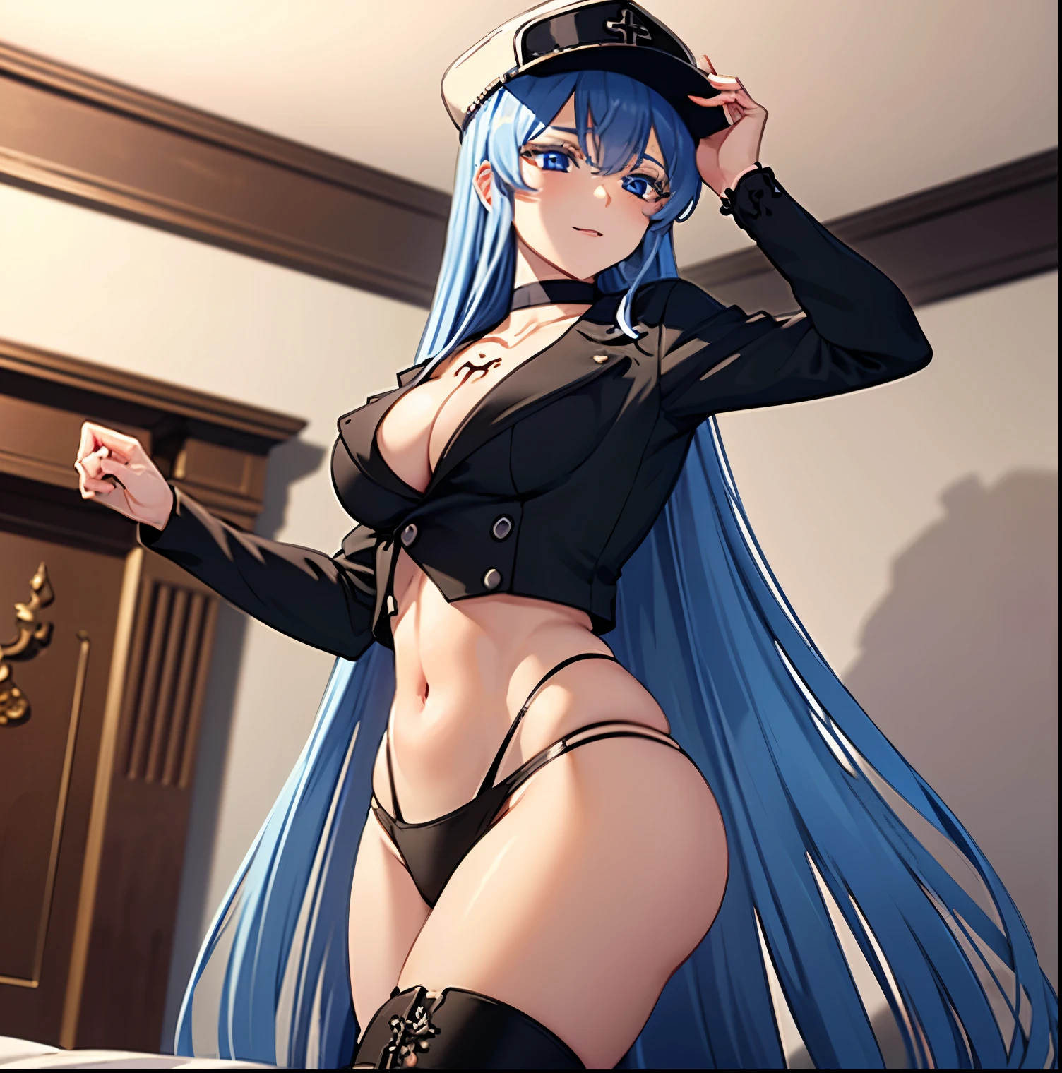 1 girl, alone, esdeath, blue eyes, blue hair, long hair, smile, choker, bracelet, cap with visor, (black sadomasochistic suit: 1.4), bare back, latex suit, black boots, tattoo on the chest, interior , bedroom, bed, looking at viewer, from behind, point of view (from below), (cowboy photo: 1.5), (masterpiece: 1.2), best quality, high resolution, unity 8k wallpaper, sexy body, big breasts, medium waist, wide hips, medium thighs, round butt, (illustration: 0.8), (beautiful detailed eyes: 1.6), extremely detailed face, perfect lighting, extremely detailed CG (perfect hands, perfect anatomy),