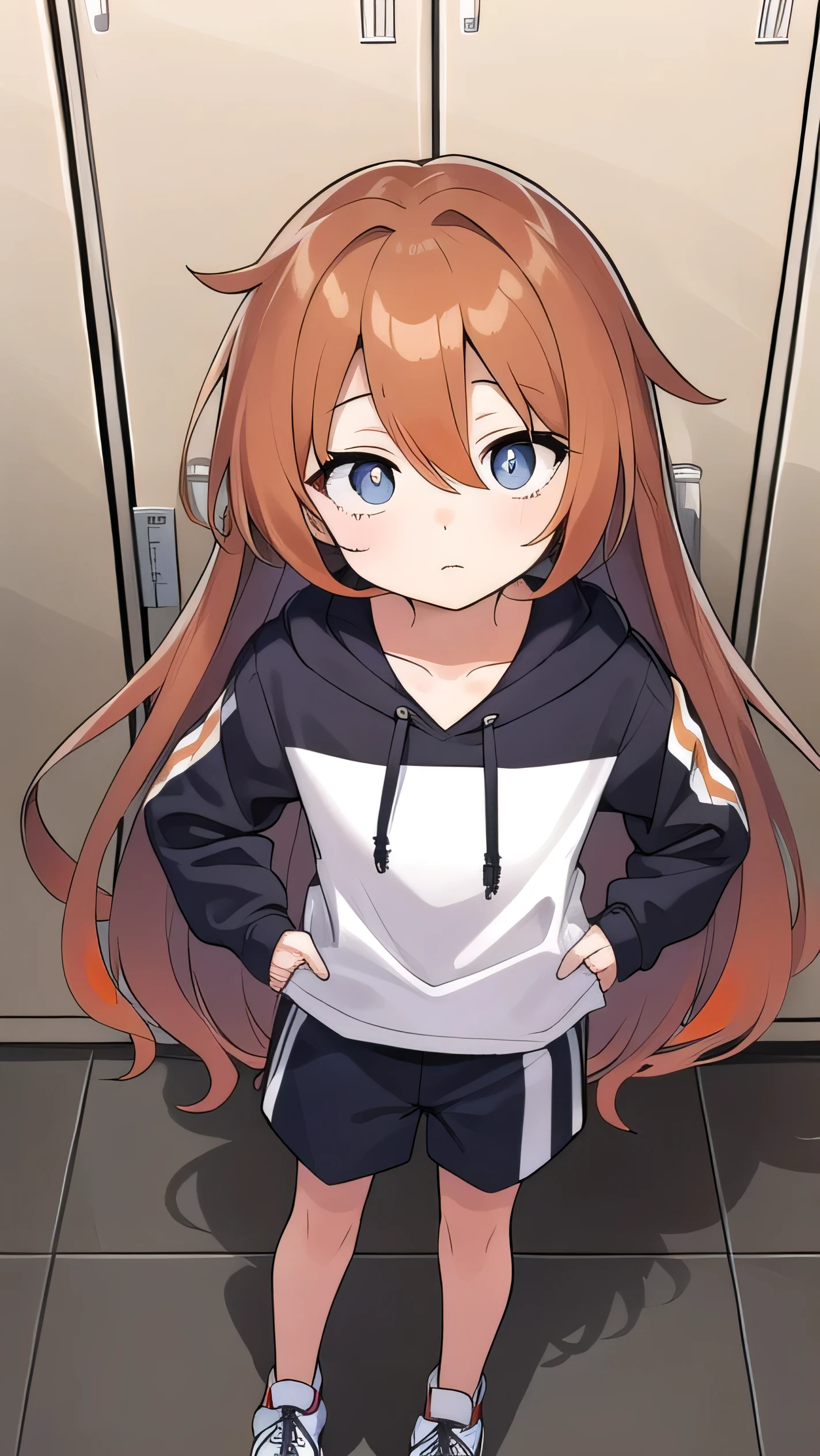 Girl, (Orange-brown hair:1.5), (black eyes:1.1), (big eyes: 1.1), (sagging eyes: 1.5), (very long hair:1.1), hair between eyes, cyan long-sleeved hoodie, white T-shirt, dark blue shorts, white sneakers, (flat chest), (straight hair), very short, only , droopy eyes, wearing a jacket, 11 years old, wearing a jacket, short height, young face , sleepy face, smooth straight hair, locker room, 
