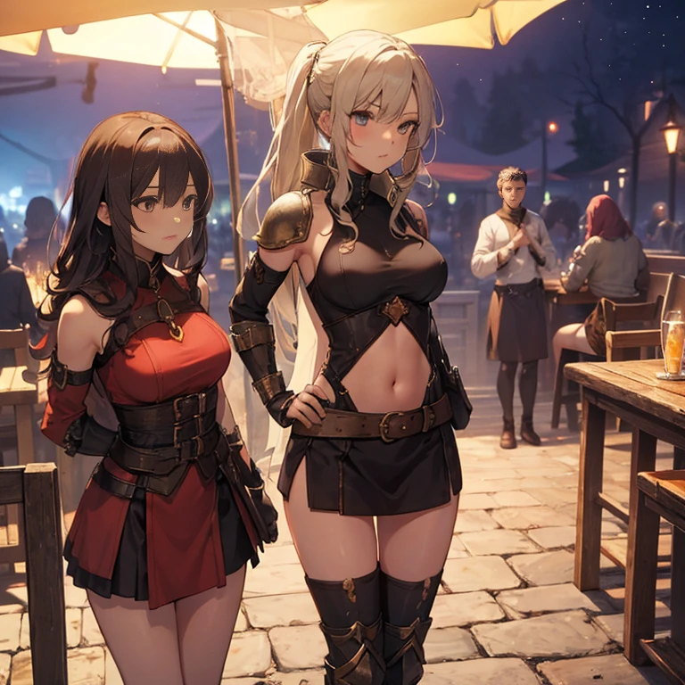 A female medieval fantasy adventurer, (in tavern), various hair styles, harem, night, details face, short skirt, seducing, sleeveless, armor, midriff, bondage