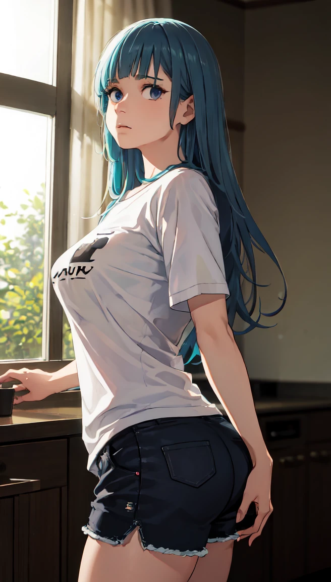 photorealistic, (4k), depth of field, (Masterpiece), (realistic skin texture), extremely detailed, intricate, hyper detailed, professional photography, bokeh, high resolution, sharp detail, best quality, girl, long hair, aqua hair, blunt bangs, blue eyes, dynamic pose, baggy graphic tshirt, dolfine shorts, booty shorts, beautiful thighs, colarbone, indoors, facing viewer, looking at viewers, large breasts