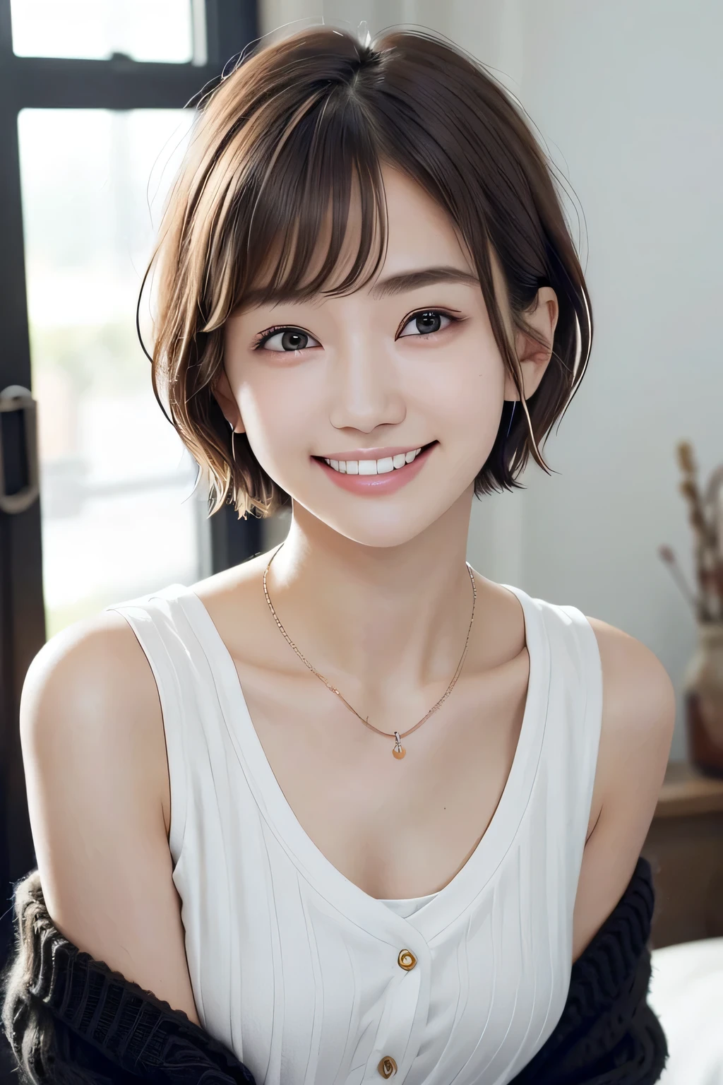 205 ((short hair)), 20-year-old female, In underwear、Put a cardigan over your shoulders、 A refreshing smile、Beautiful teeth alignment、Dark eyeliner、Dark brown hair、ear piercing、Necklace around the neck、Looking at the camera