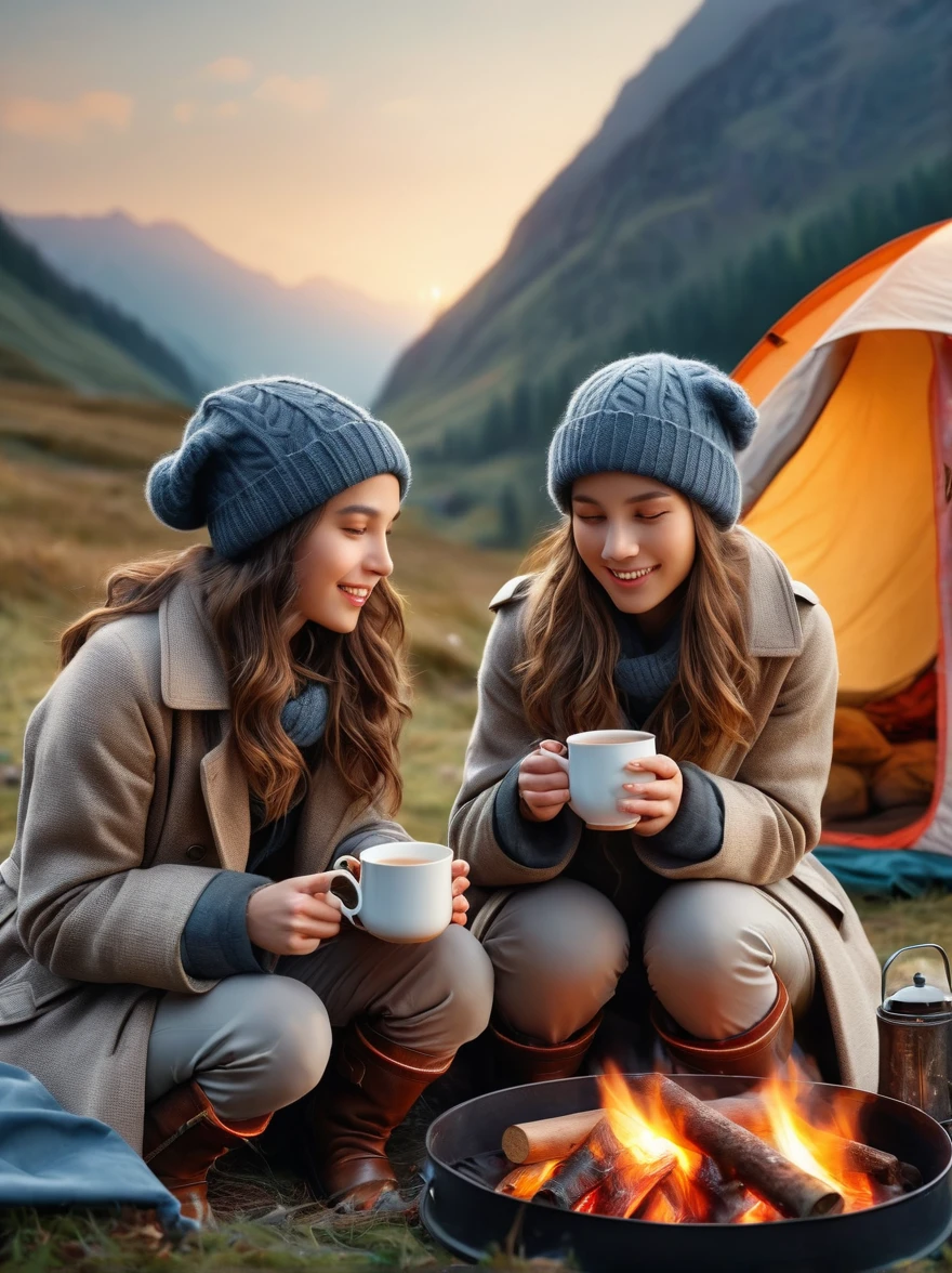 （8k，Highest quality，Maximum resolution，beautiful，8k，The award-winning，Fine details，Ultra Detail，Anatomically correct，Textured Skin，masterpiece），Girls Camping，early morning，breakfast，A cup of hot tea，Visible real steam，Holding the cup with both hands，tent，Knitted hat，boots，Trench coat，Tea Steam