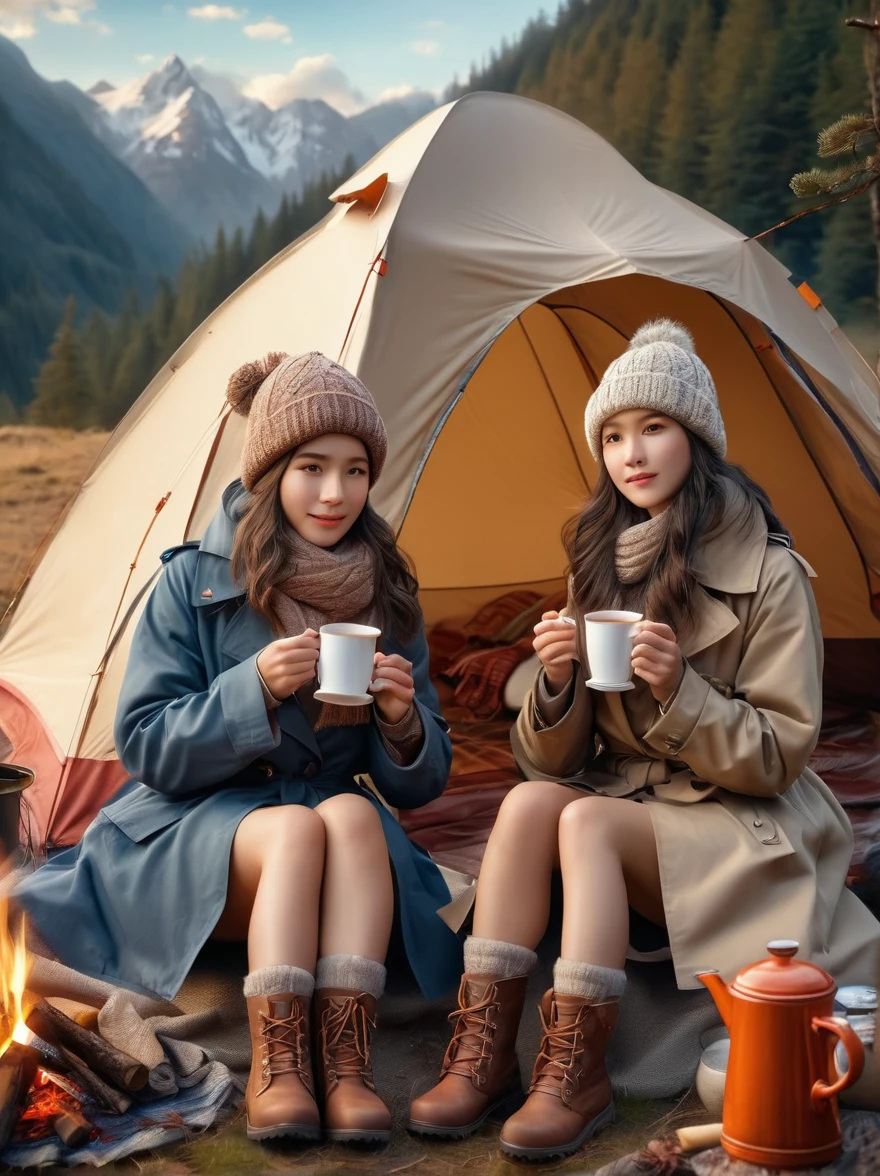 （8k，Highest quality，Maximum resolution，beautiful，8k，The award-winning，Fine details，Ultra Detail，Anatomically correct，Textured Skin，masterpiece），Girls Camping，early morning，breakfast，A cup of hot tea，Visible real steam，Holding the cup with both hands，tent，Knitted hat，boots，Trench coat，Tea Steam