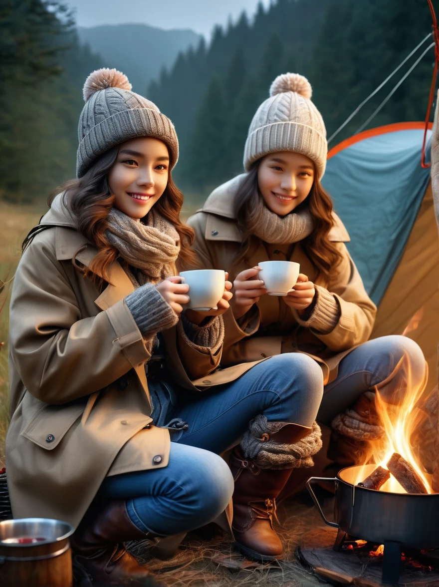 （8k，Highest quality，Maximum resolution，beautiful，8k，The award-winning，Fine details，Ultra Detail，Anatomically correct，Textured Skin，masterpiece），Girls Camping，early morning，breakfast，A cup of hot tea，Visible real steam，Holding the cup with both hands，tent，Knitted hat，boots，Trench coat，Tea Steam