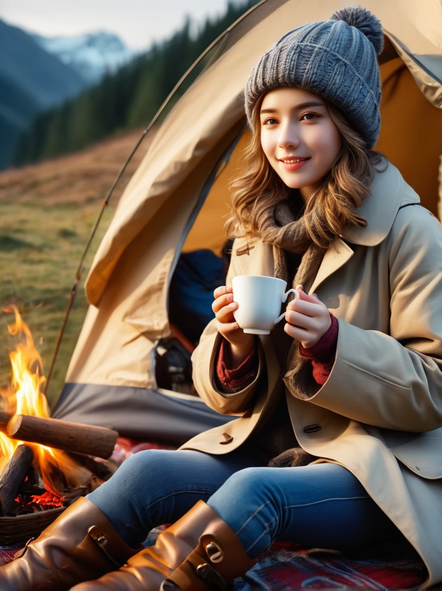 （8k，Highest quality，Maximum resolution，beautiful，8k，The award-winning，Fine details，Ultra Detail，Anatomically correct，Textured Skin，masterpiece），Girls Camping，early morning，breakfast，A cup of hot tea，Visible real steam，Holding the cup with both hands，tent，Knitted hat，boots，Trench coat，Tea Steam