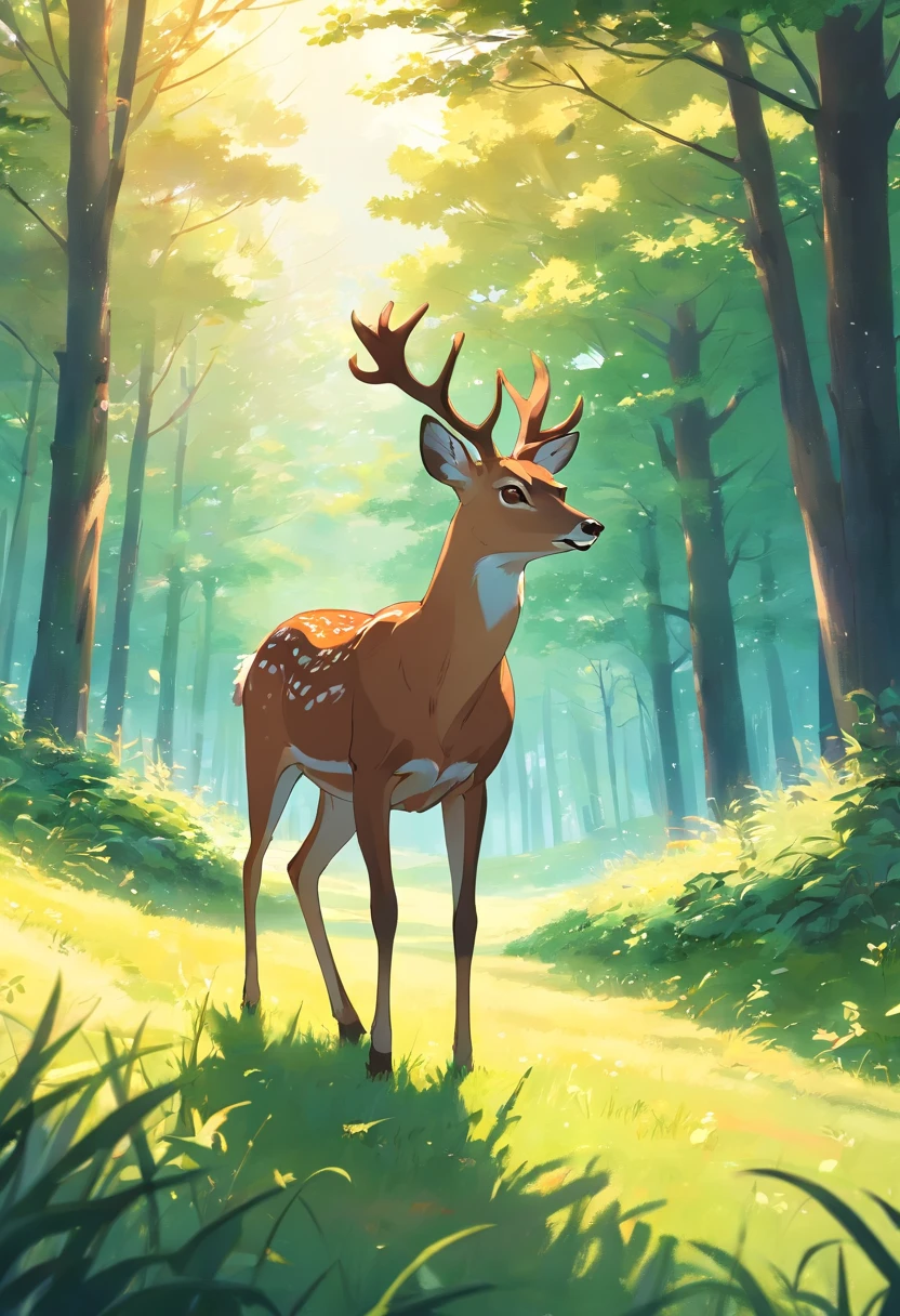 a detailed animation，The picture shows a brown deer，Exuding an elegant atmosphere, no antlers, And green eyes running alone across the grass