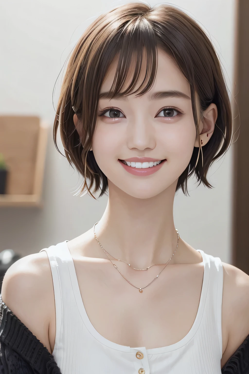 205 ((short hair)), 20-year-old female, In underwear、Put a cardigan over your shoulders、 A refreshing smile、Beautiful teeth alignment、Dark eyeliner、Dark brown hair、ear piercing、Necklace around the neck、Looking at the camera