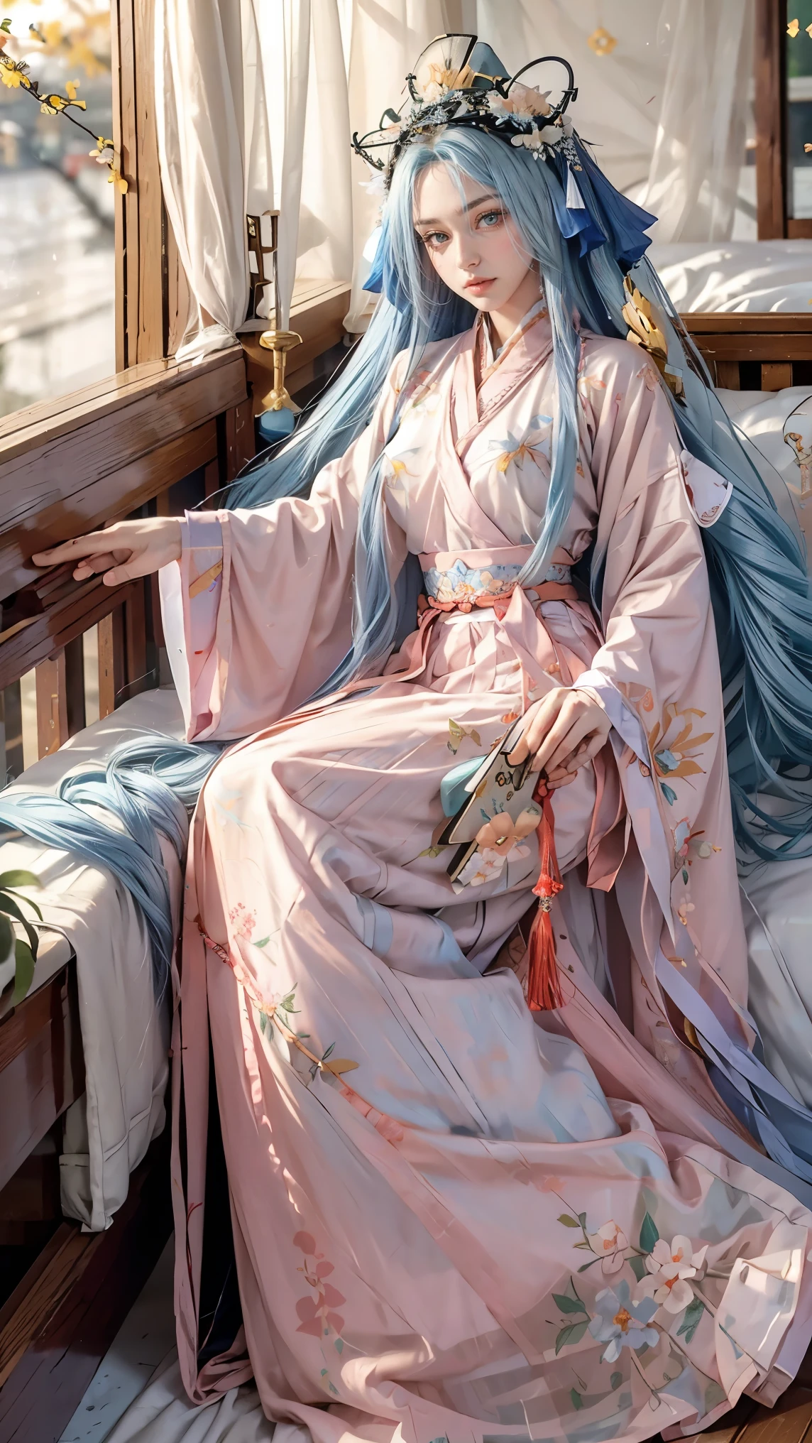 Best quality, masterpiece, ultra high res, raw photo, beautiful and aesthetic, deep shadow, fairy theme,(ultra detailed:1.3),
1girl, sitting pose, headdress, drill hair, long hair, blonde hair, gradient hair, yellow eyes, solo, huge breasts, big hair, blue hair, divine goddess, looking at viewer, indoors, modern bedroom, room full of curtain, astraea, full body, (hanfu),(chinese clothes),((floral print)), (pink print chinese shirt),(white print chinese long skirt),