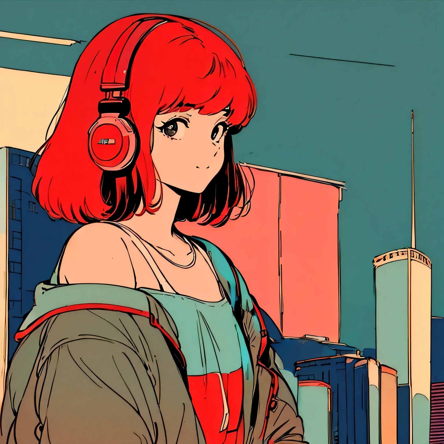 master piece, City Pop style, Red Hair, Japanese, fluffy bob cut, wearing headphones, shoulder length, alone, Futuristic, yet, lofi, retro, vintage, light smile