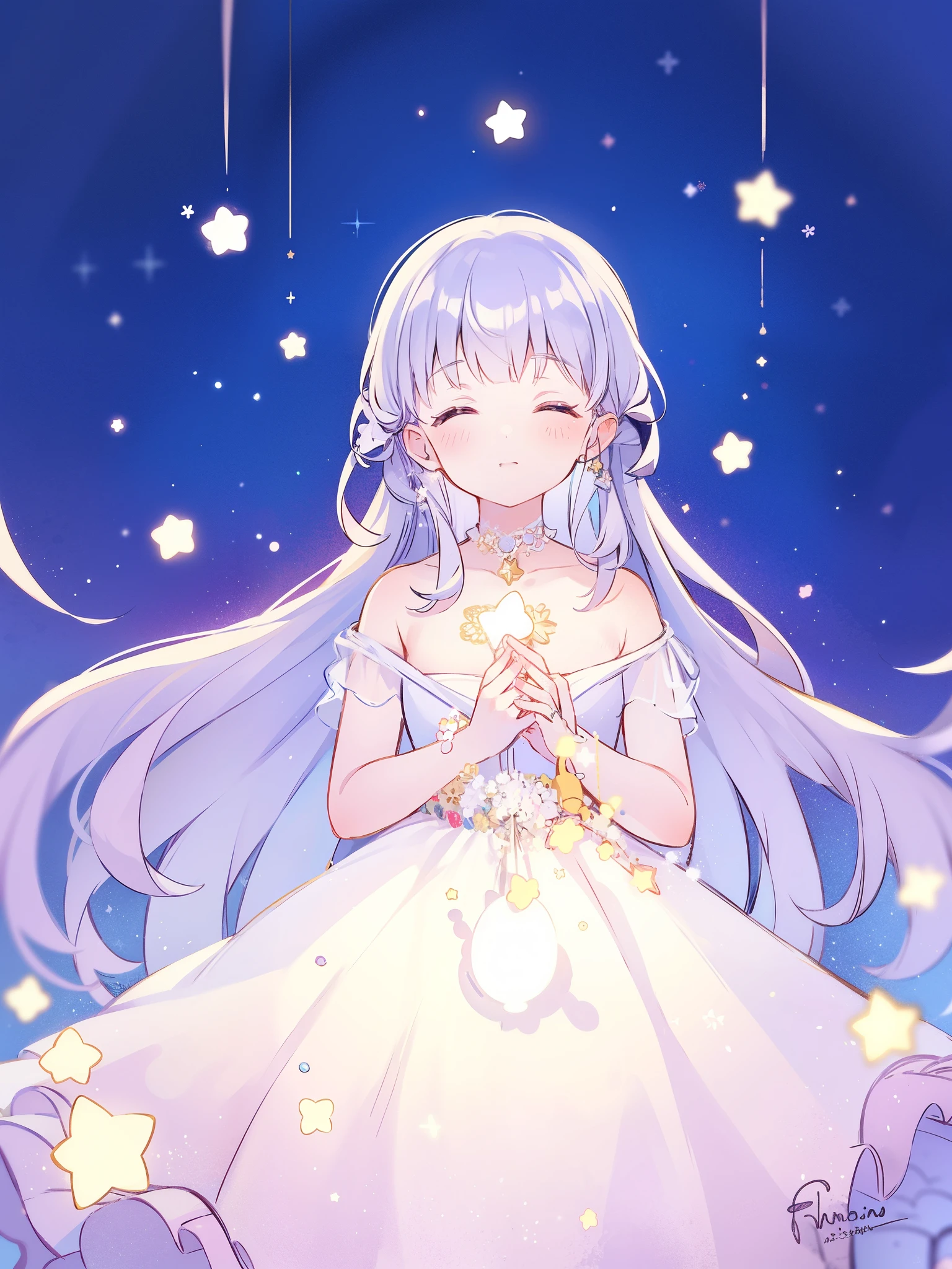 wishing stars, girl wearing an ethereal translucent dress made of stars, magical, fantasy, whimsical, complex drawing, highly detailed, ethereal, starry night, midjourney style