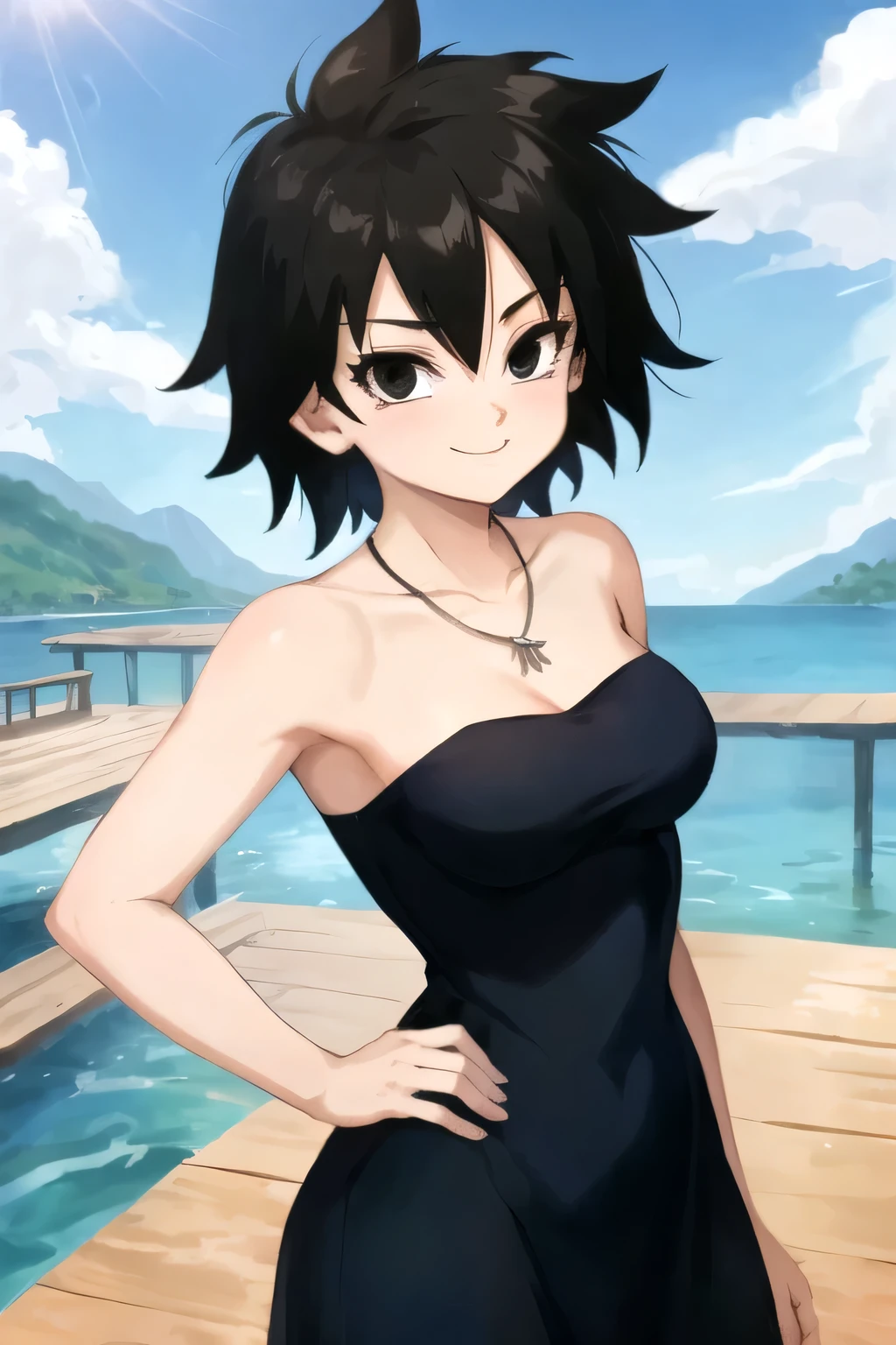 gine, 1girl, sunlight, solo, closed, blue sky, black hair, black eyes, islands, bare shoulders, medium breast, collarbone, cowboy shot, short hair, looking at viewer, smile, looking at viewer, spiked hair, strapless black tube dress, necklace, pier, docks, left hand on hips, standing up