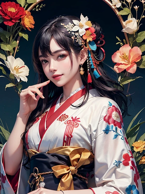 (8k, highest quality、highest quality、Official Art、Beautiful and aesthetic:1.2)、(1 girl)、Elaborate costumes (Gorgeous Japanese kimono (colorfulな着物 ((Detailed embroidery)))、Very detailed、(Fractal Art)、colorful、Best details ,smile、