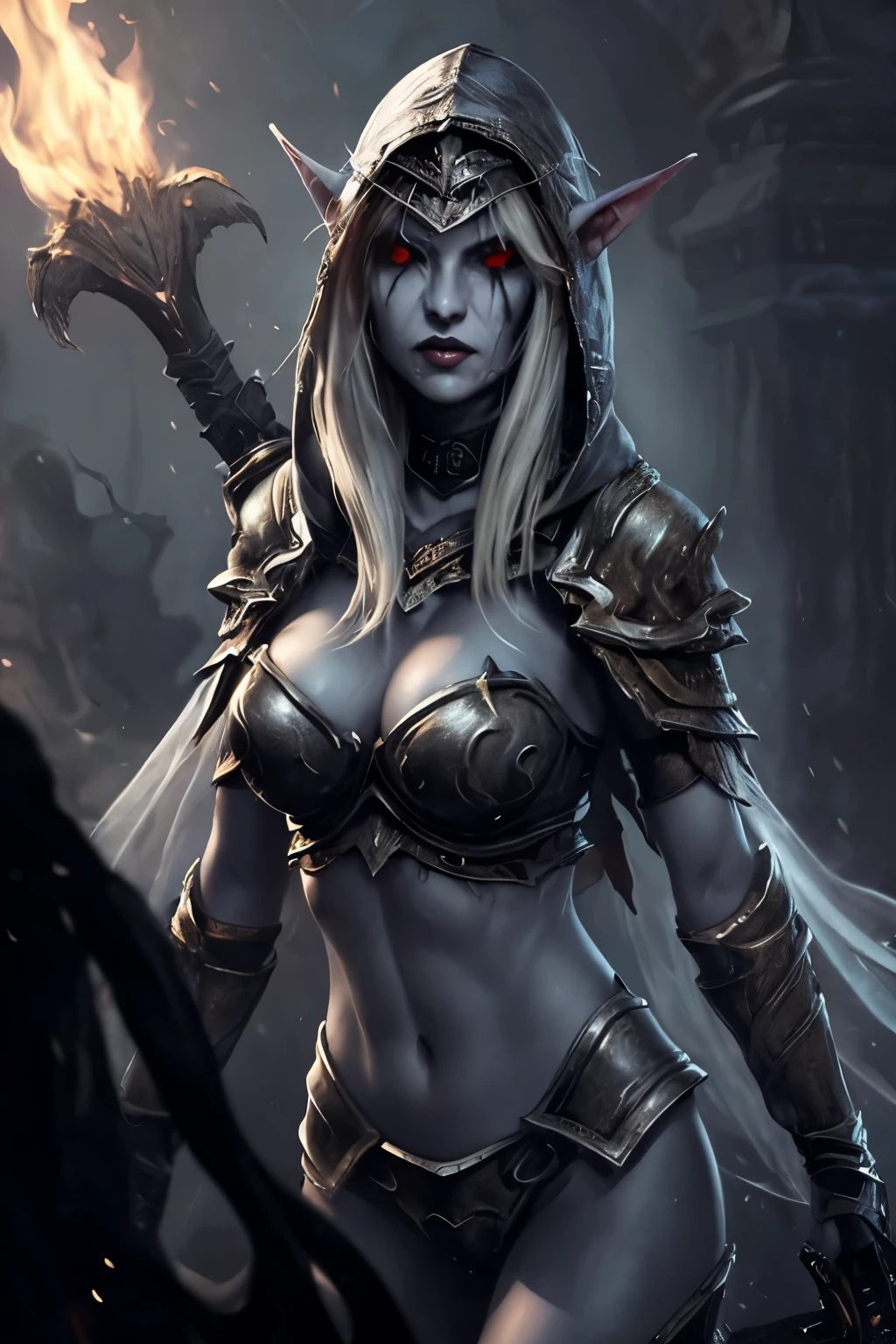 (HDR, 8k, masterpiece, intricate details), (((savage grace, beautiful elegant violence))), dancer of the boreal valley snow, prowling lithe long limbs, crawling slender knight, helm, weapons, highly detailed armor, glossy metal, metallic refraction, unsettling fluid movements, gossamer sheer fabric, see-through delicate veil, dark souls, bonfire, elf, Sylvanas Windrunner, long hair, silver hair, large breasts, looking at viewer, red eyes, cleavage, large breasts, white hair, choker, hood, cape, pointed ears, armor, lips, shiny, colored skin, goblin, blue skin, arrow, bikini armor, shoulder pads, undead, violet skin color. prowling slender lithe , mirror shine, ethereal lighting, wlop, obsidian armor, flaming blade, icy sword, holding weapons, unnaturally long limbs, ghostly wisps, liquid shimmer,