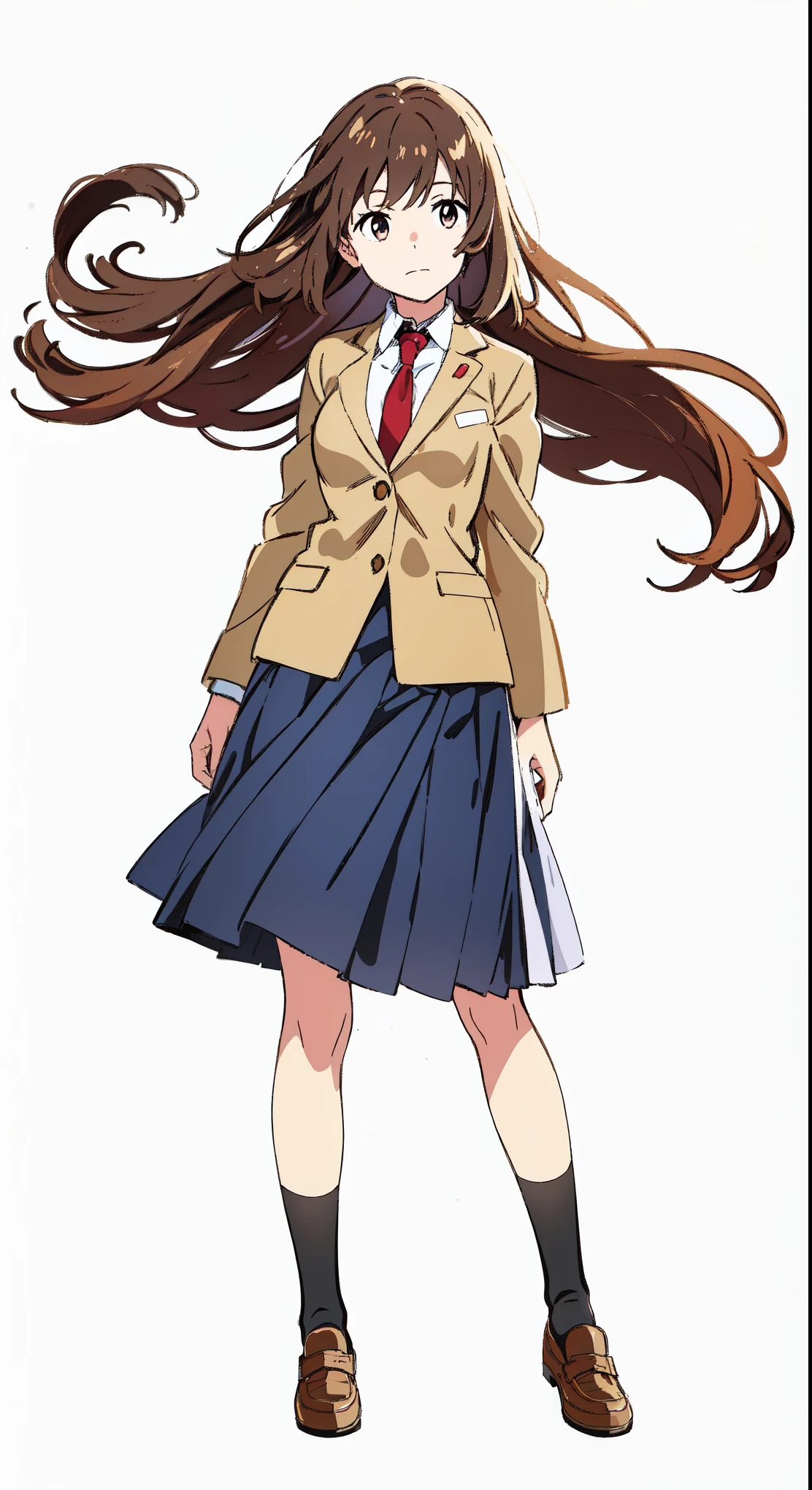 (white background:1.0), (best quality:1.0), (masterpiece:1.0), (super fine illustration:1.0), (beautiful artwork:1.0), (anime screencap:1.0), (official art:1.0), (full body:1.0), (solo:1.0), (HSGα:1.0), (a 17yo cute girl:1.0), (long skirt:1.25), (dark blue skirt:1.0), (pleated skirt:1.0), (school uniform beige blazer:1.0), (red necktie:1.0), (loafers:1.0), (black socks:1.0), (ideal ratio body proportions:1.2), (lanky:1.2), (tall:1.2), (slender:1.2), (small breasts:1.2), (smaller face:1.2), (tareme:1.0), (detailed beautiful eyes:1.0), (detailed beautiful face:1.0), (glowing black eyes:1.0), (long hair:1.0), (brown hair:1.0), (standing:1.0), (looking at viewer:1.0)