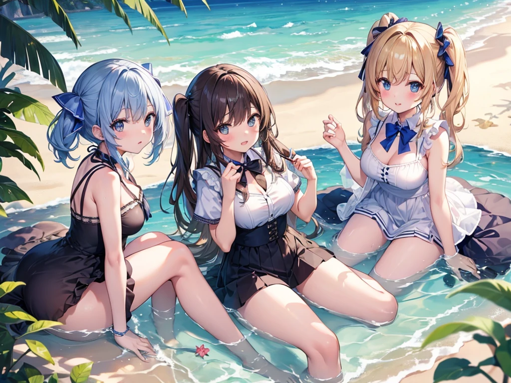 masterpiece、highest quality、High resolution、Very detailed、3 girls、high school girl、、Sandy Beach、Water's Edge、With friends、Holding hands and jumping、Sunset、smile、evening、sunset、