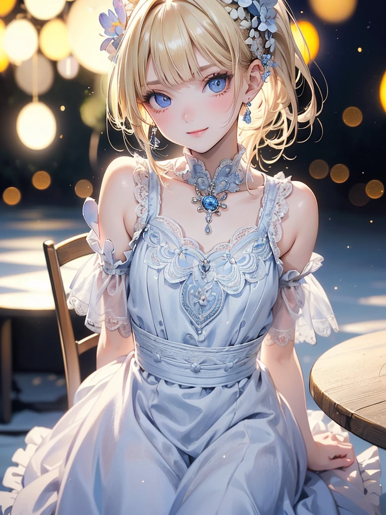 art by Cornflower,(​masterpiece),(top-quality:1.2),((perfect anatomy)),((arms behind back)),(1 girl),(flat chest),Highest quality,blonde ponytail hair,blunt bangs,(sideways glance),beautiful detailed blue eyes,white capelet fashion,sitting on chair,night outdoor,be amazed,film lighting,depth of written boundary,bokeh,pastel tone,seductive smile