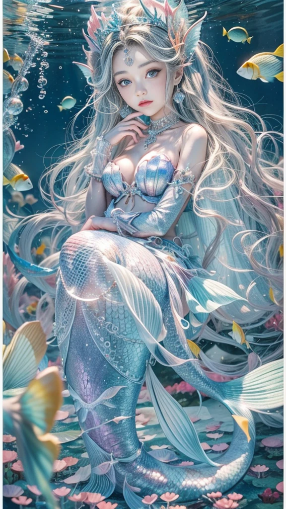(RAW shooting, 32k, highest quality, masterpiece, Ultra-high resolution), (Under the sea at night:1.0, moonlight:0.7, Mysterious underwater world:1.3, Expressions of sadness:1.0), Full Body View, Fractal Art:1.2, Perfect dynamic composition:1.2, Very detailedな肌と顔の質感:1.2, Beautiful shell and coral decoration, Surrounded by lots of colorful fish, Rich underwater vegetation, (View the subject from a distance:1.3, Dynamic flow of water waves:1.2, Slim mermaid figure:1.0, Shimmering Scales, Mermaid tail), Fair skin, Incredibly slim body:1.0, Very beautiful face, Water droplets on the skin, Very detailed, Gorgeous silver shiny dress portrait, Big eyes that exude beauty, Beautiful big lips, elegant and sophisticated, Unreal atmosphere, necklace, Earrings, bracelet