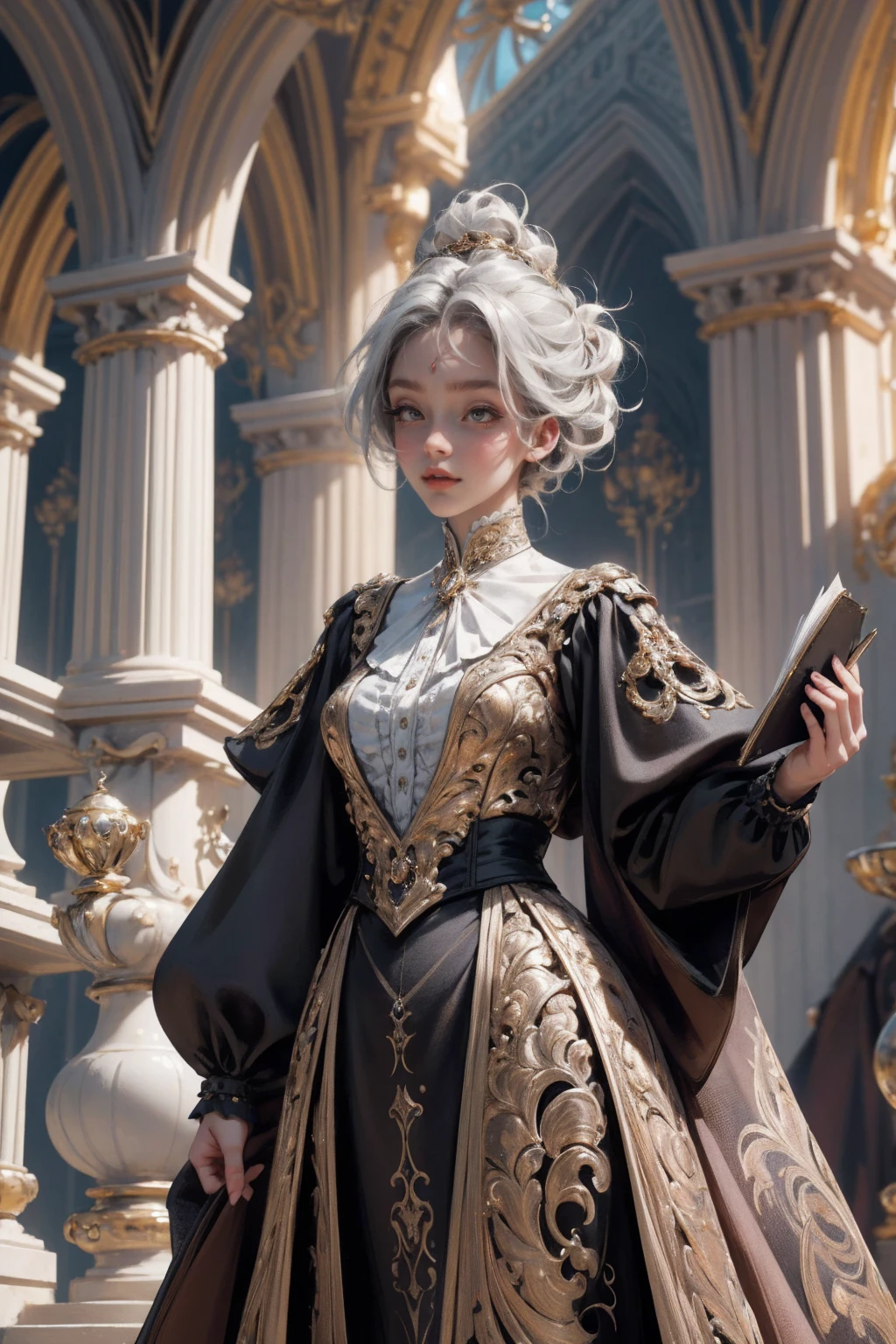 { - anatomy error}(Masterpiece - Ultra-detailed, very high resolution) Prepare to be enchanted by a true masterpiece that combines ultra-detailed art with high-resolution rendering. This work depicts a mesmerizing woman with short white hair (1.3) and captivating gray eyes (1.2), emanating an aura of elegance and mystery in Victorian settings. The intricate details and realistic textures invite you to explore every aspect of this enchanting composition. Woman wearing beautiful classic Victorian costume from the year 1878. Red lips. Happy face. Smiling. light brown (gold) dress. Walking, writing, lying down, standing, on your back, dynamic poses., upper body. dynamic poses. Get ready to dive into a world where beauty and craftsmanship merge perfectly.