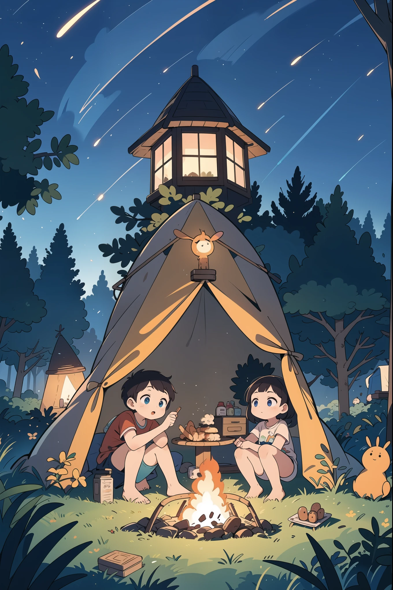 summer,starry sky,camping,tent,fireflies,barbecue,companion,illustration,masterpiece,best quality,