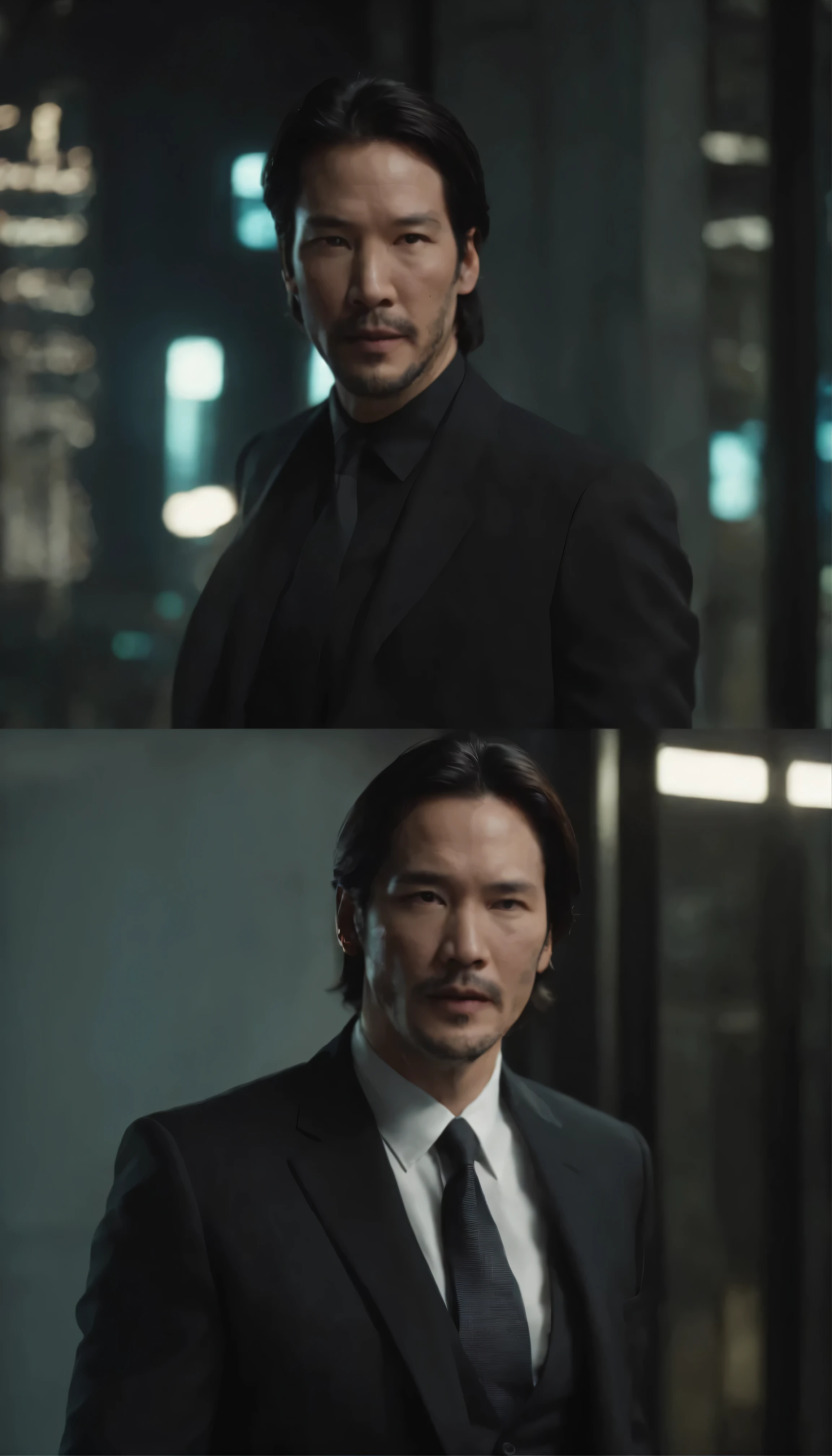 High definition movie starring Keanu Reeves(matrix):Dramatic scene The protagonist, skillfully played by Keanu Reeves,、Standing in a dimly lit, high-tech urban environment。『matrix』He was dressed in a sleek black suit reminiscent of his iconic role in、We are meticulously preparing for the upcoming battle.。His eyes were filled with sharp determination.、He is surrounded by bright screens and colorful lights.。The atmosphere is full of tension and suspense.、Filled with anticipation。this is、This is a moment that embodies the epitome of high-definition visuals.、A true masterpiece。