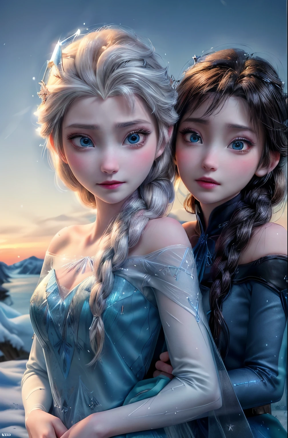 two frozen princesses hugging each other in the snow, Elsa frozen, frozen, Anime movies, Anime movies, frozen ii klaus film, frozen klaus film, Elsa from frozen, Disney Movies, 8k)), Disney Animation Style, beautiful Elsa, frozen ii movie still, Profile photo, epic tale of the twin Sisters, Elsa, animated movie, Sisters，（8K，RAW Photos），（Best Quality），（Masterpiece Loose），（Realistic，）（写実的でRealistic），（High resolution），Hyper Detail，（Gentel Realism：1.1），Beautiful Face， （1 Female：1.1），High resolution), (8k), (Very detailed), (4K), (Pixiv), Perfect Face, Beautiful eyes and face, (highest quality), (Very detailed), Detailed face and eyes, (alone), Textured skin, Absurd, High resolution, (Dynamic Angle:1.3) (Dynamic Pose:1.3)