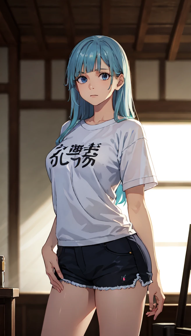 photorealistic, (4k), depth of field, (Masterpiece), (realistic skin texture), extremely detailed, intricate, hyper detailed, professional photography, bokeh, high resolution, sharp detail, best quality, girl, long hair, aqua hair, blunt bangs, blue eyes, dynamic pose, baggy graphic tshirt, dolfine shorts, booty shorts, beautiful thighs, colarbone, indoors, facing viewer, looking at viewers, large breasts,kasumi, miwa, kasumi miwa