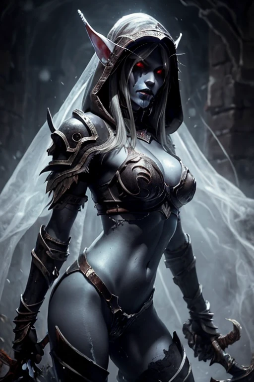 Browsing Caution, (Best image quality,highest quality,Highest Resolution, Ultra-Realistic Images,Very detailed,masterpiece),Sylvanas Windrunner,((Blue Skin)),Red eyes,Branded long-haired,((Sticky with sweat)),Big Breasts, Erect nipples, (((Large areola))),(((Exposing the breasts))),Abdominal muscles, blush, holding a bow and arrow,Dynamic pose,Browsing Caution,