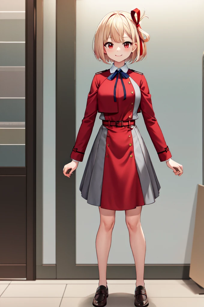 Standing in front of the viewer、vtuber-fullbody、masterpiece, highest quality, High resolution, Achisato, short hair, Hair Ribbon, chest, Neck ribbon, Collared shirt, Uniform sake, Two-tone dress, Red dress, Grey Dress, Long sleeve, Red Belt, wave hands, smile, amusement park, Are standing