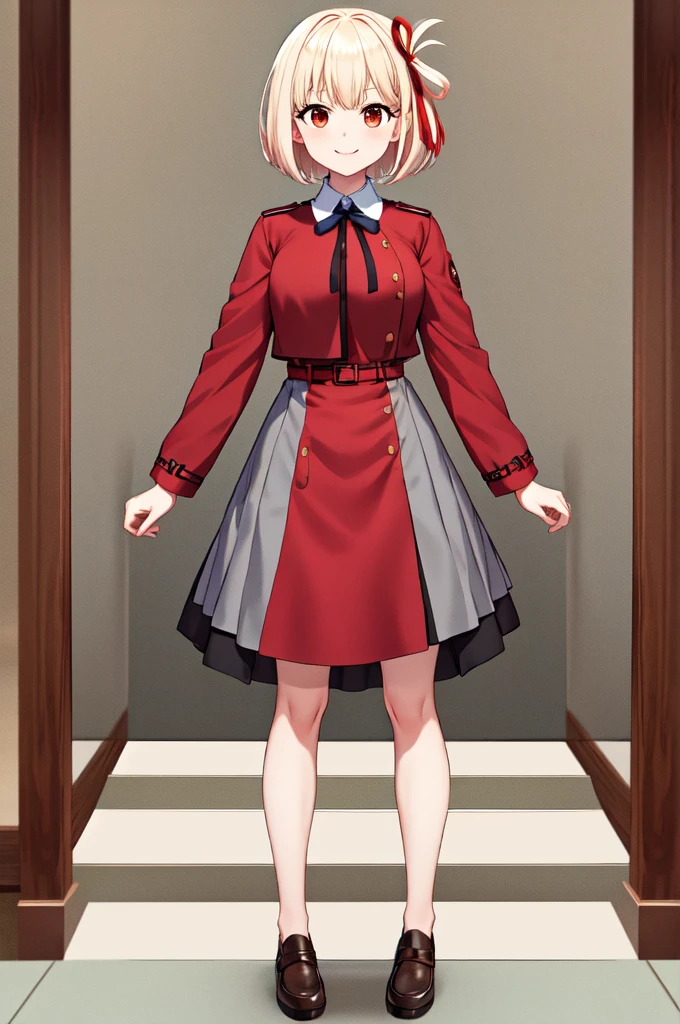 Standing in front of the viewer、vtuber-fullbody、masterpiece, highest quality, High resolution, Achisato, short hair, Hair Ribbon, chest, Neck ribbon, Collared shirt, Uniform sake, Two-tone dress, Red dress, Grey Dress, Long sleeve, Red Belt, wave hands, smile, amusement park, Are standing