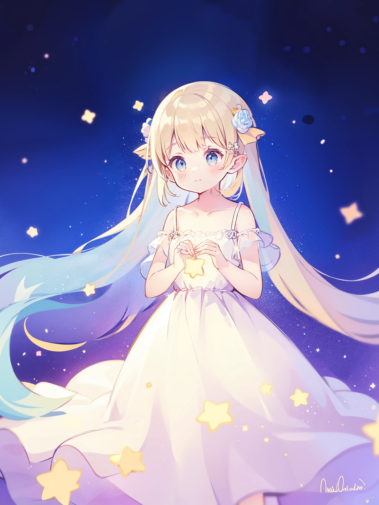 wishing star background, woman surrounded by flowing translucent fabric that reflects the stars, glowing star in front of woman's chest, magical, complex drawing, highly detailed, ethereal, starry night, midjourney style