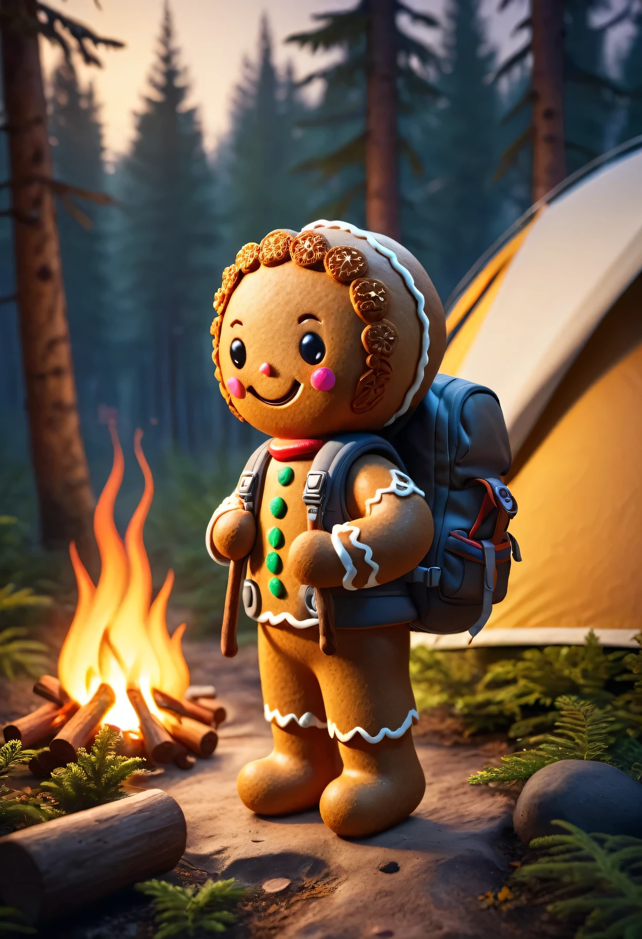 a cute gingerbread person,outdoors camping,detailed texture of gingerbread,woods background,warm lighting,adventurous pose,backpack,camping gear,campfire,starry night sky,detailed foliage,golden hour lighting,soft focus,muted colors,cinematic,concept art,masterpiece