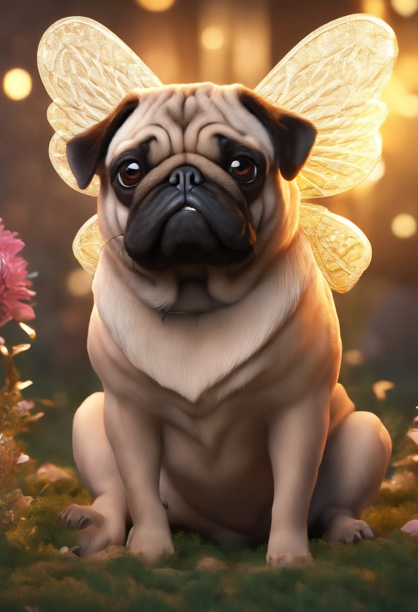 beautiful winged pug, angelic pug, pug with angel wings, detailed pug face, cute pug, adorable pug, pug puppy, fluffy pug, pug dog, fantasy art, digital art, highly detailed, 8k, photorealistic, cinematic lighting, dramatic lighting, warm color palette, glowing ethereal atmosphere, magical realism