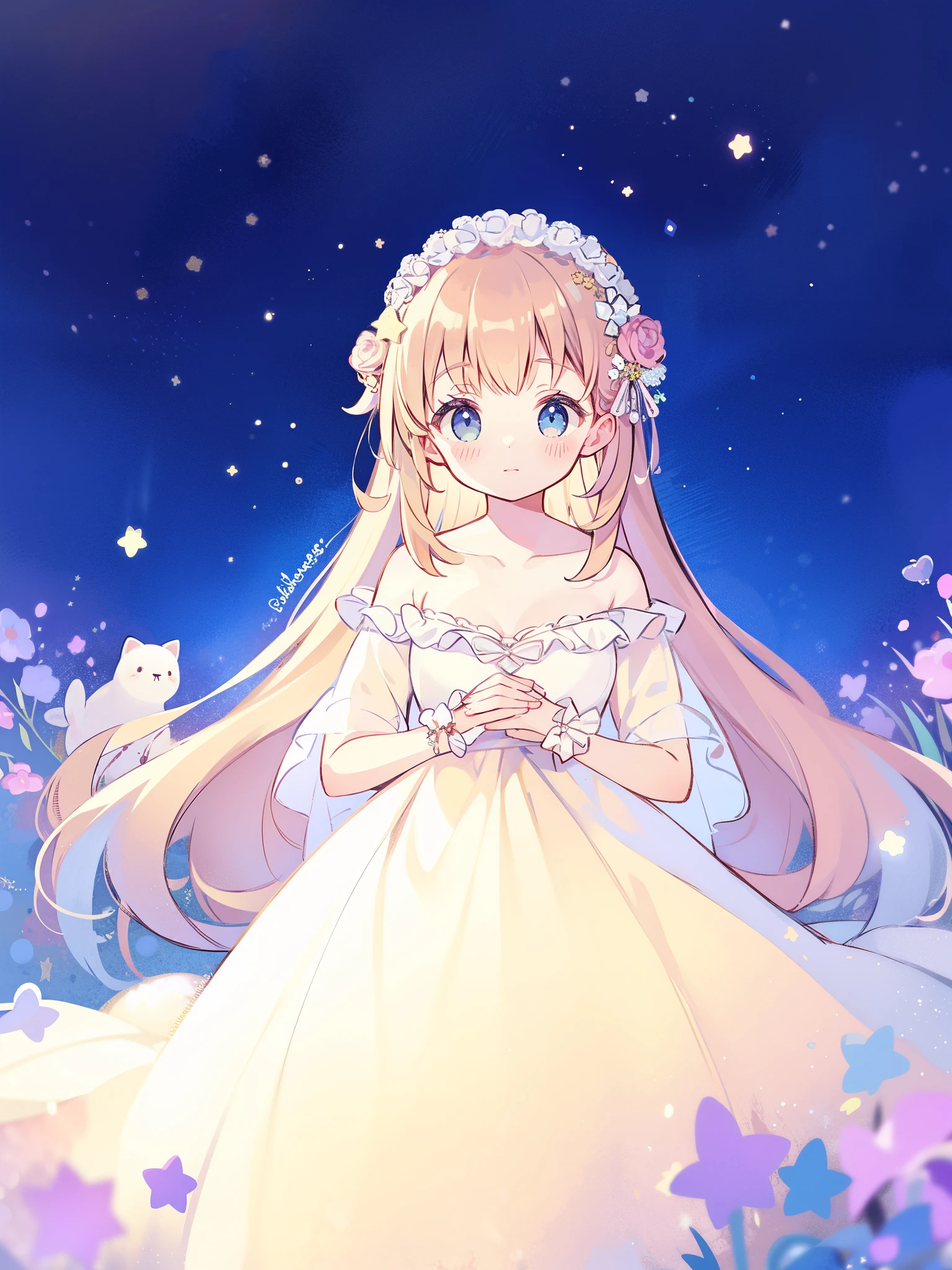 wishing stars, girl wearing an ethereal translucent dress made of stars, magical, fantasy, whimsical, complex drawing, highly detailed, ethereal, starry night, midjourney style