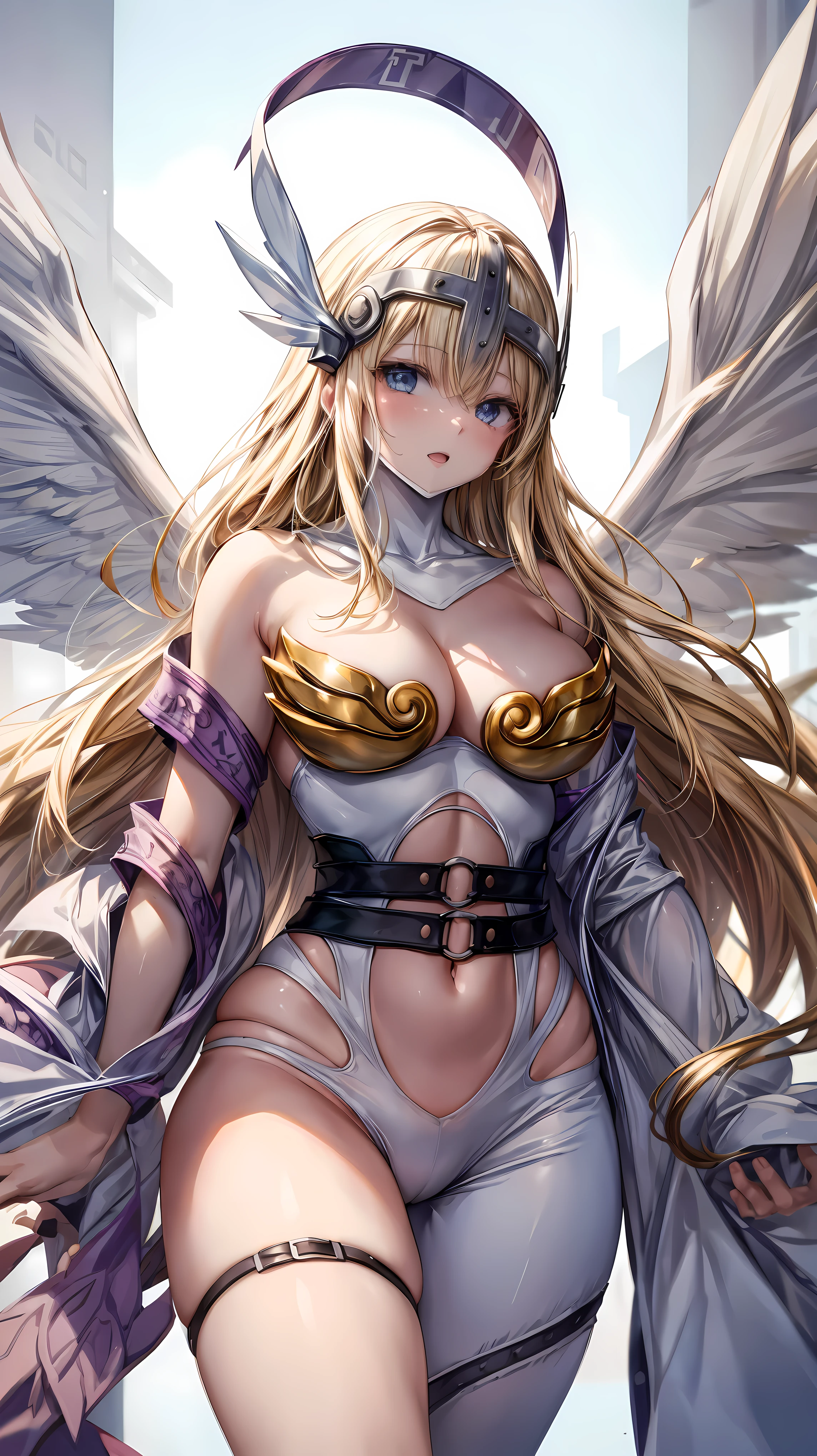 Very detailed、highest quality、Best image quality、masterpiece、8k、Angewomon、Anime Face、Winged Helmet、Open Mouth、(Blonde long hair)、(SFW Giant)、Cowboy Shot