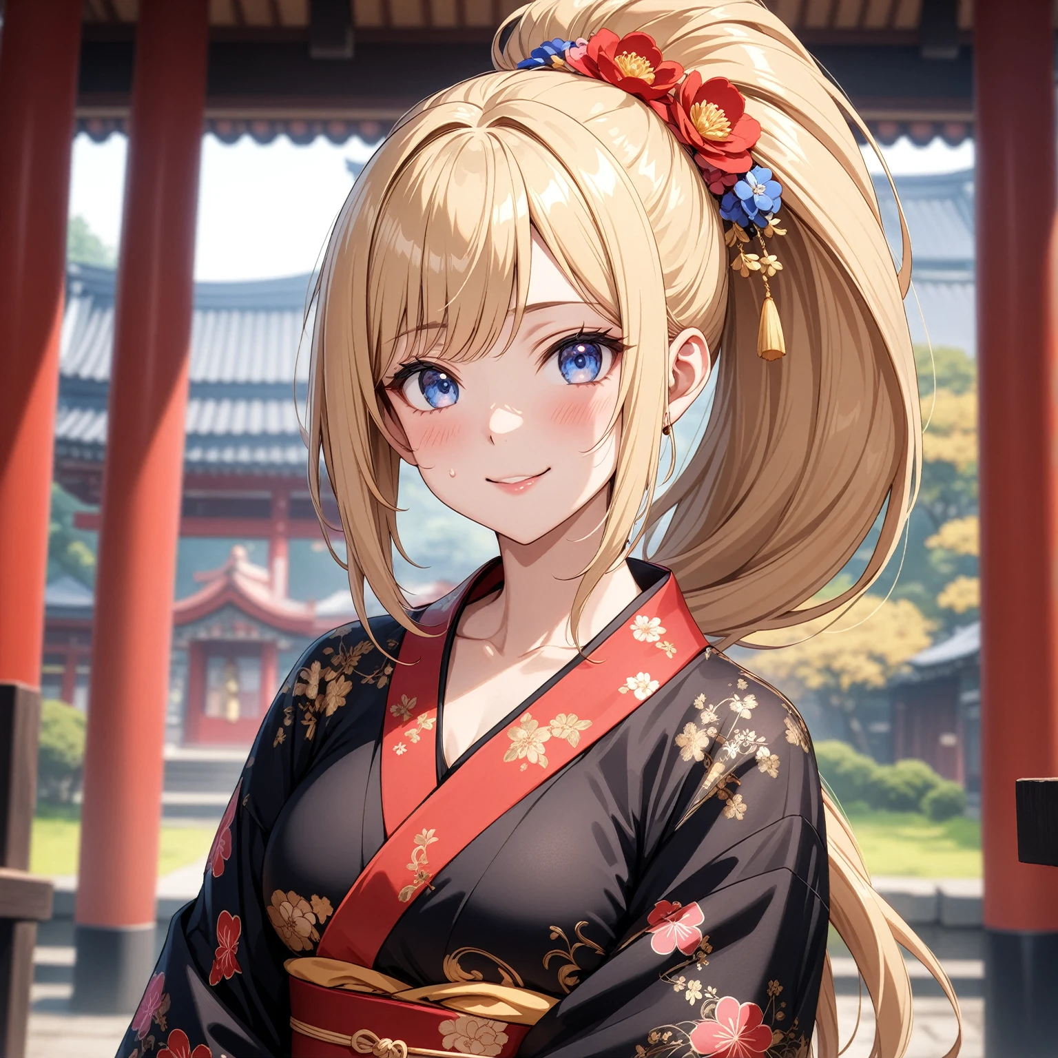 ((One woman)), Beautiful Face,Smiling embarrassedly,Blushing,Glossy Lips,Abstract, Inside the shrine, ((Anime style background)),masterpiece, highest quality, so beautiful, Absurd, up to date, Complex details, Pink long nails,AI-generated, Complex,High resolution, highest quality, super high quality,3D Images、View the viewers、3D Images,one person,Long Blonde Hair,(Hair with dark hairline),High Ponytail,blue eyes,Anime woman posing for a photo, [[Fine grain、Colorful eyes、Shining Eyes:1.15]],(Squint your eyes:1.1),a hyperRealistic , hyperRealistic , Realistic , Blonde anime woman with long hair, Smooth anime CG art, A woman in a colorful kimono with gold embroidery, Floral Yukata,Black kimono,Flower Hair Ornaments,Earrings,(Large Breasts:1.4),Mature Body,Exposed nipples,(A vagina overflowing with a large amount of semen),Sweat all over,tall,Big Ass,Fine details,Six-pack,Tilt your face,(Leg spread),Lying down,Bring your hands close to your chest