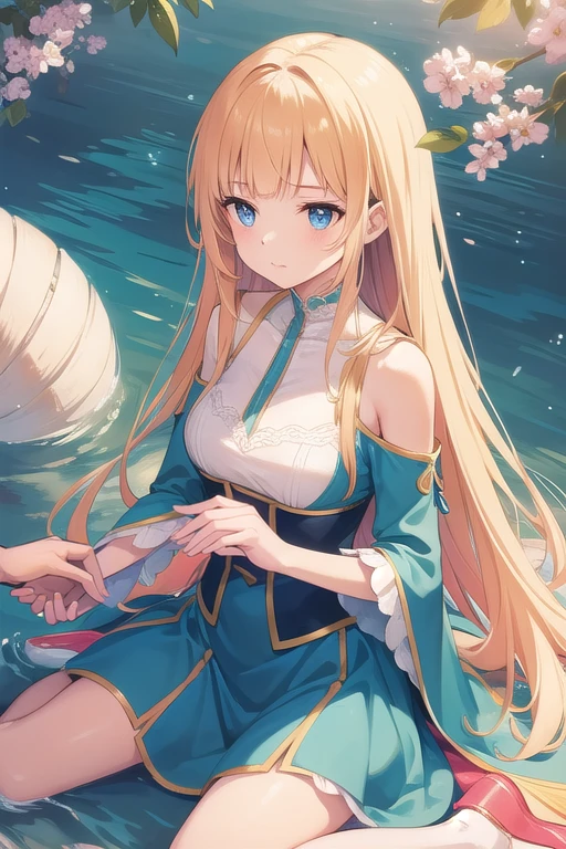 Bright colors, Beautiful Style, High-quality illustrations, Position of hand holding woman's chin, Elegant painting, Detailed illustrations of clothing and facial features.
