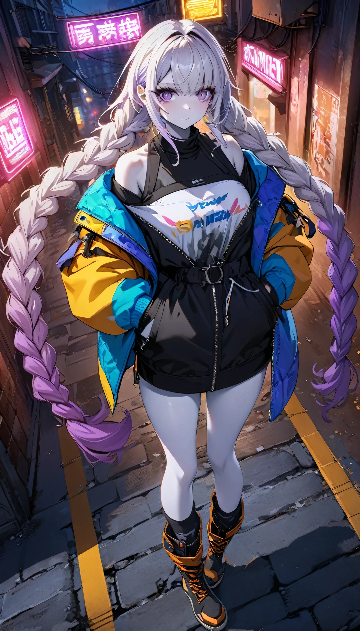 (((8k wallpaper extremely detailed CG unit:1.2, masterpiece, High resolution:1.2, Top quality:1.2))), (( A girl, yinji, purple hair, purple eyes, long hair, white hair, double braids, gradient hair , Hands in pockets:1.8, Street Fashion:1.2, Wearing a colorful coat:1.2, Wear boots)), (White skin, Off-shoulder), ((Empty alleys, night, Neon Street)), (High Angle)