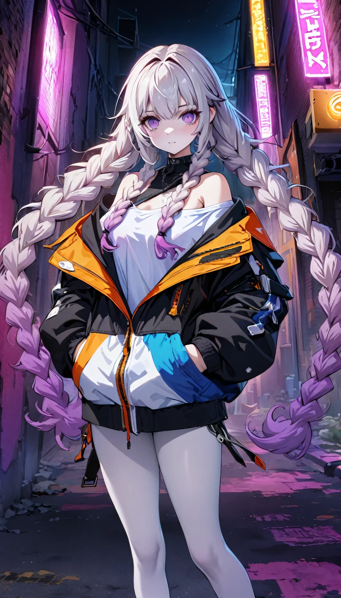 (((8k wallpaper extremely detailed CG unit:1.2, masterpiece, High resolution:1.2, Top quality:1.2))), (( A girl, yinji, purple hair, purple eyes, long hair, white hair, double braids, gradient hair , Hands in pockets:1.8, Street Fashion:1.2, Wearing a colorful coat:1.2, Wear boots)), (White skin, Off-shoulder), ((Empty alleys, night, Neon Street)), (High Angle)