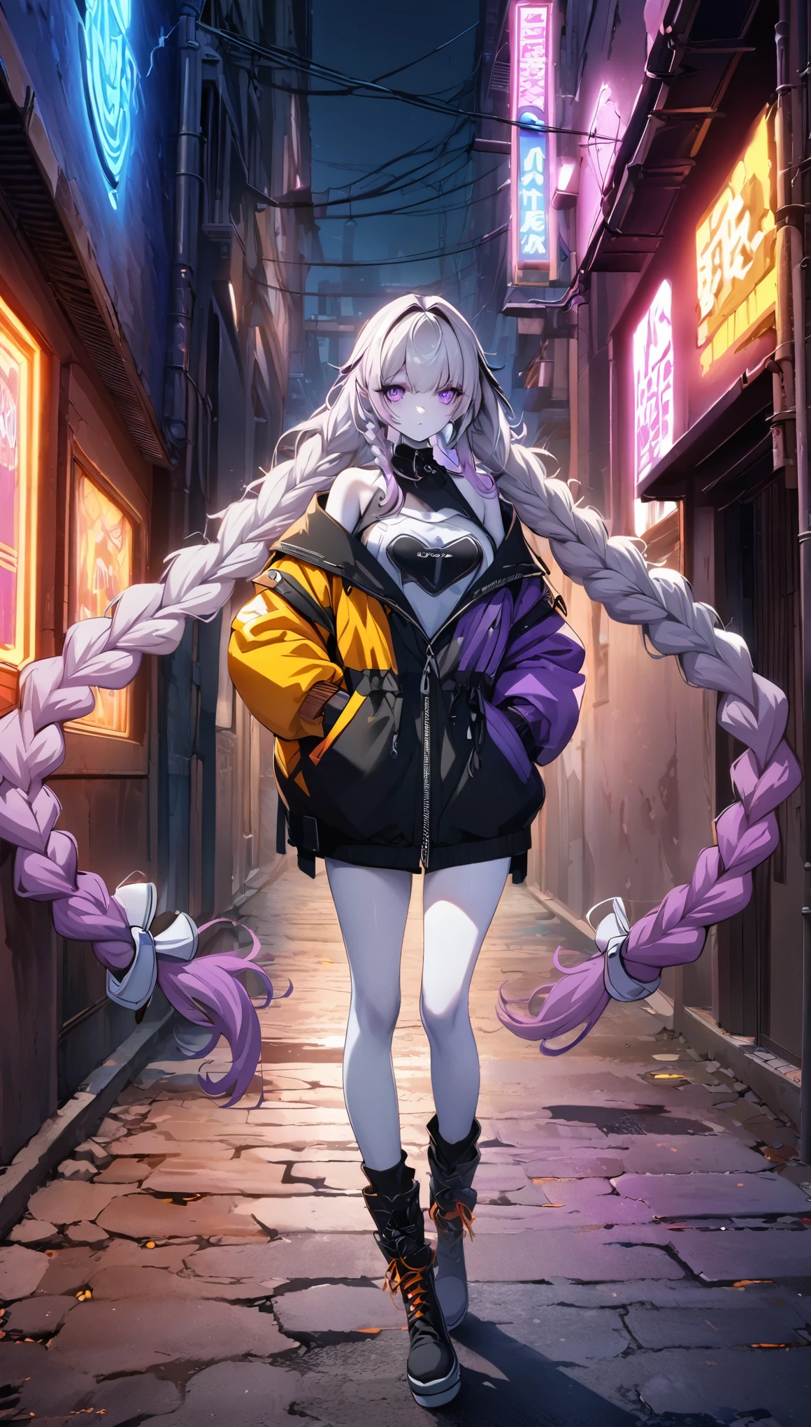 (((8k wallpaper extremely detailed CG unit:1.2, masterpiece, High resolution:1.2, Top quality:1.2))), (( A girl, yinji, purple hair, purple eyes, long hair, white hair, double braids, gradient hair , Hands in pockets:1.8, Street Fashion:1.2, Wearing a colorful coat:1.2, Wear boots)), (White skin, Off-shoulder), ((Empty alleys, night, Neon Street)), (High Angle)