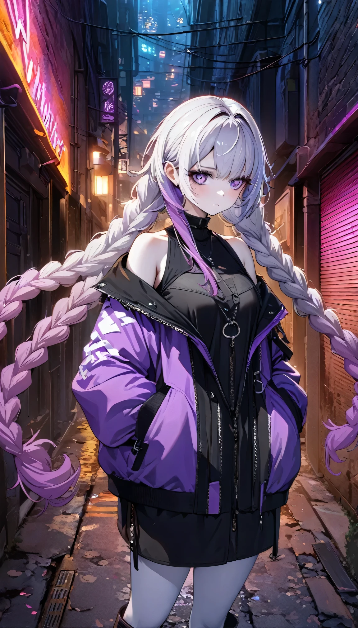 (((8k wallpaper extremely detailed CG unit:1.2, masterpiece, High resolution:1.2, Top quality:1.2))), (( A girl, yinji, purple hair, purple eyes, long hair, white hair, double braids, gradient hair , Hands in pockets:1.8, Street Fashion:1.2, Wearing a colorful coat:1.2, Wear boots)), (White skin, Off-shoulder), ((Empty alleys, night, Neon Street)), (High Angle)