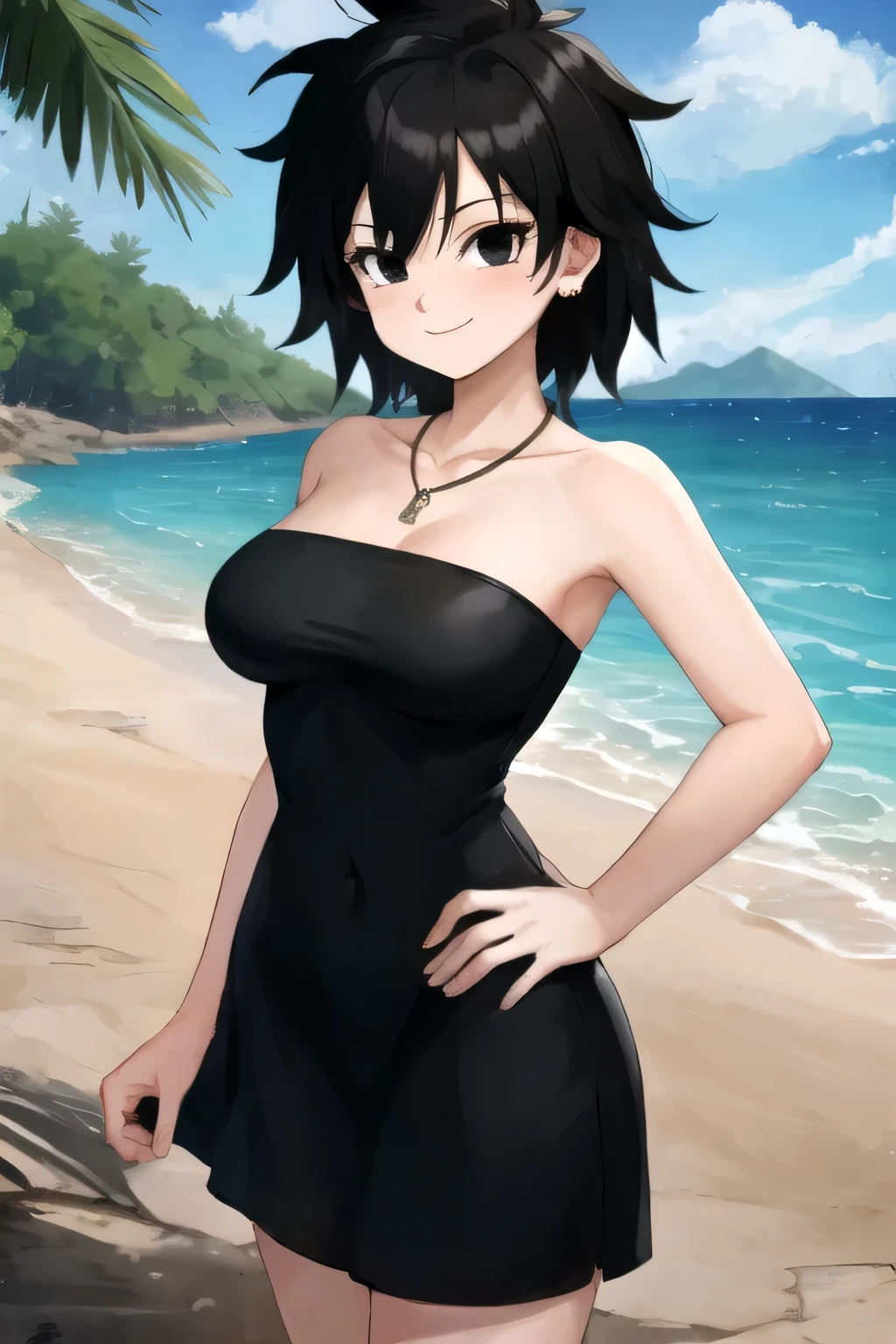 gine, 1girl, sunlight, solo, closed, blue sky, black hair, black eyes, islands, bare shoulders, medium breast, collarbone, cowboy shot, short hair, looking at viewer, smile, looking at viewer, spiked hair, strapless black tube dress, necklace, pier, docks, left hand on hips, standing up