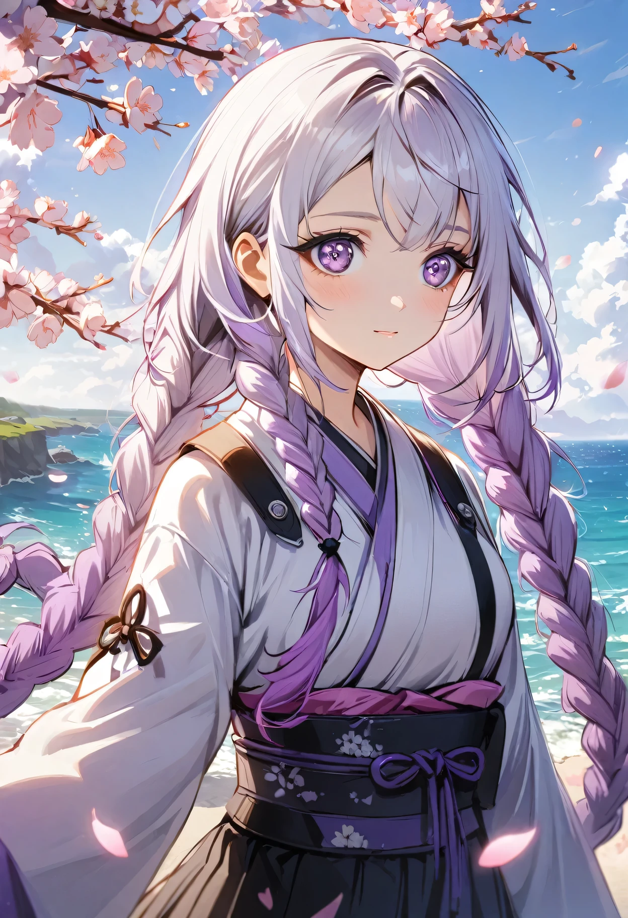 A girl, yinji, purple hair, purple eyes, long hair, white hair, double braids, gradient hair , seaside,landscape,landscape,Cherry blossoms, falling petals, Sunlight,Divine Light,Upper Body, skirt,kimono