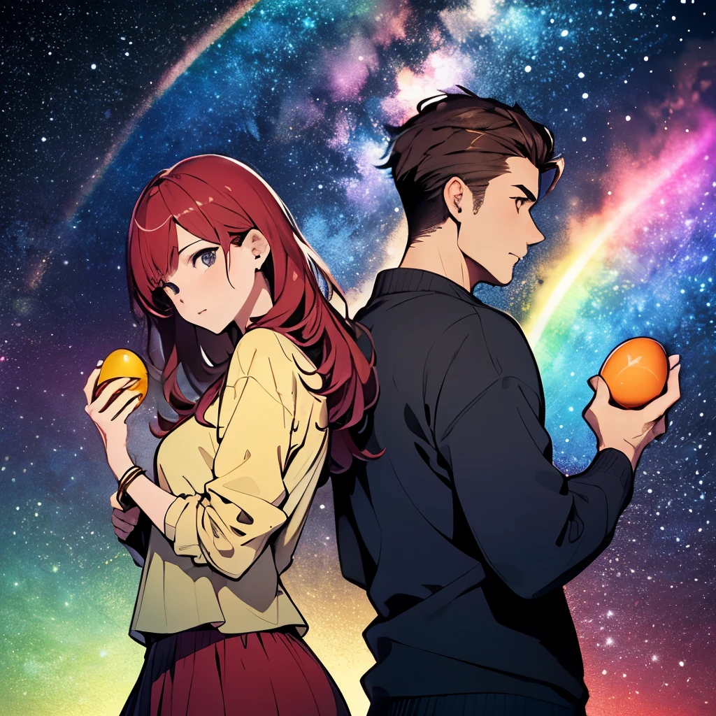High resolution, (starry sky with rainbow background:1.2), (man holds golden egg:1.1), (woman holds golden egg:1.1), man and woman duo, back to back, man in his 40s, man not wearing pants, man's pants are navy blue, woman in her 20s, woman has long red hair, woman wearing a Rainbow skirt